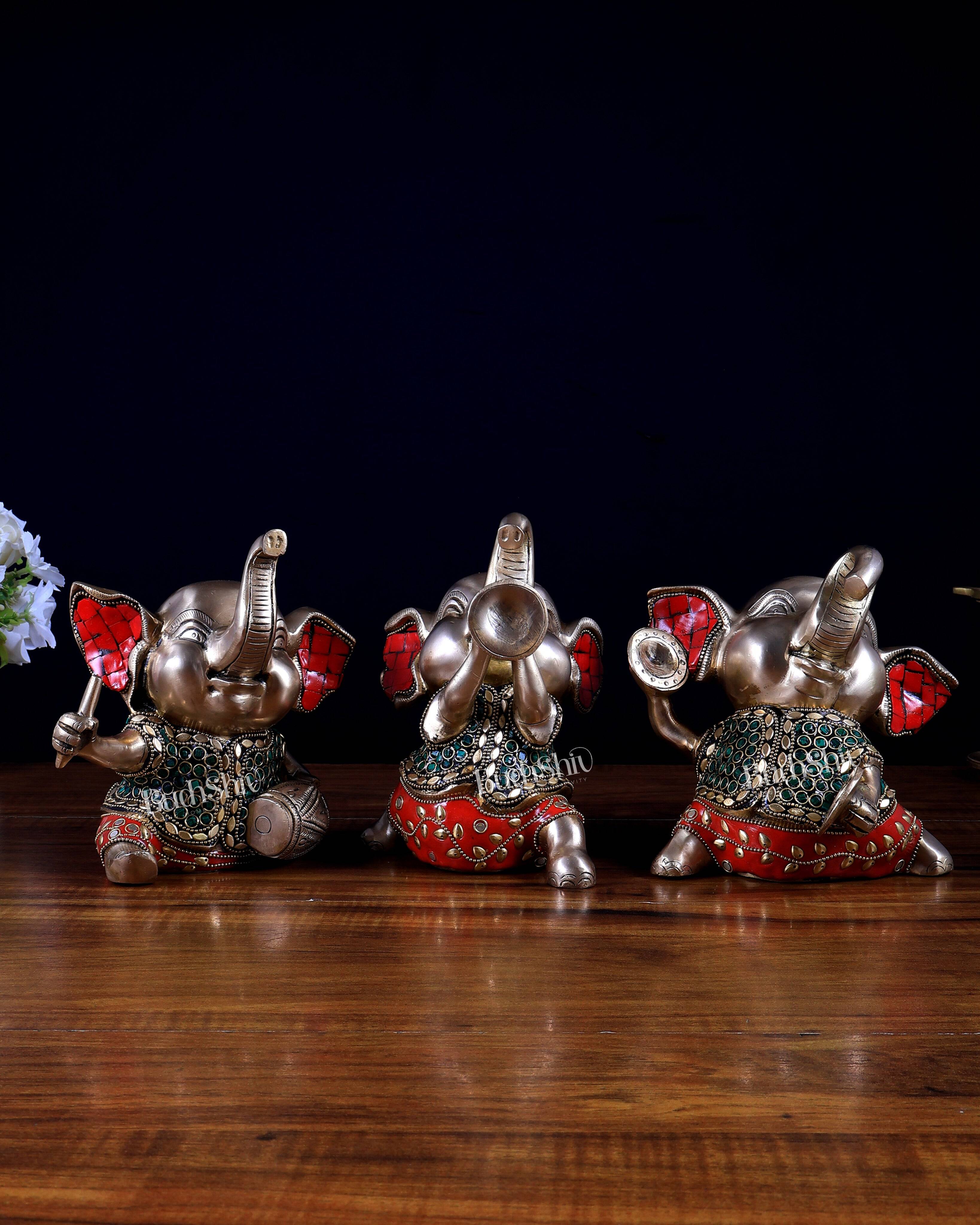 Pure Brass Musical Baby Elephants Set | 7 Inch Stonework
