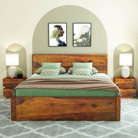 Esra Sheesham Wood King Size Bed Drawer Storage Honey OakOak Finish (72 x 78 inches)