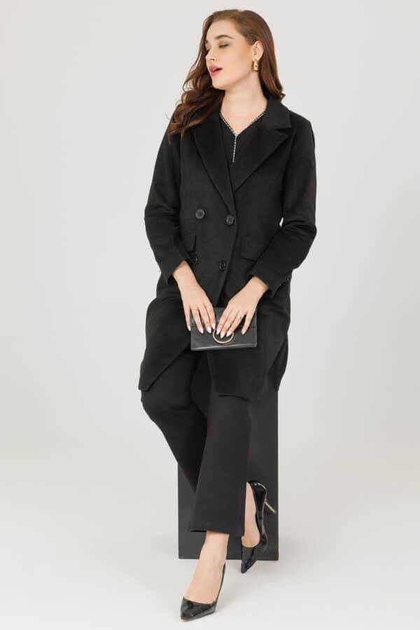 Fur-Embossed Lapel Winter Overcoat – Black