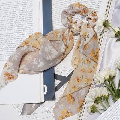 Floral Love Scarf Detail Beige Scrunchie