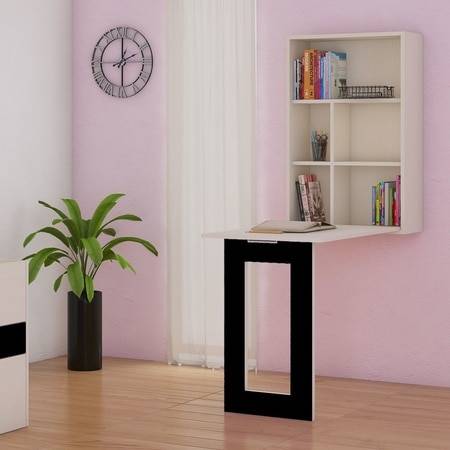 Calypso Wall Mounted Folding Study Desk and Built In Bookshelf in Light Wood Carbon Black Colour