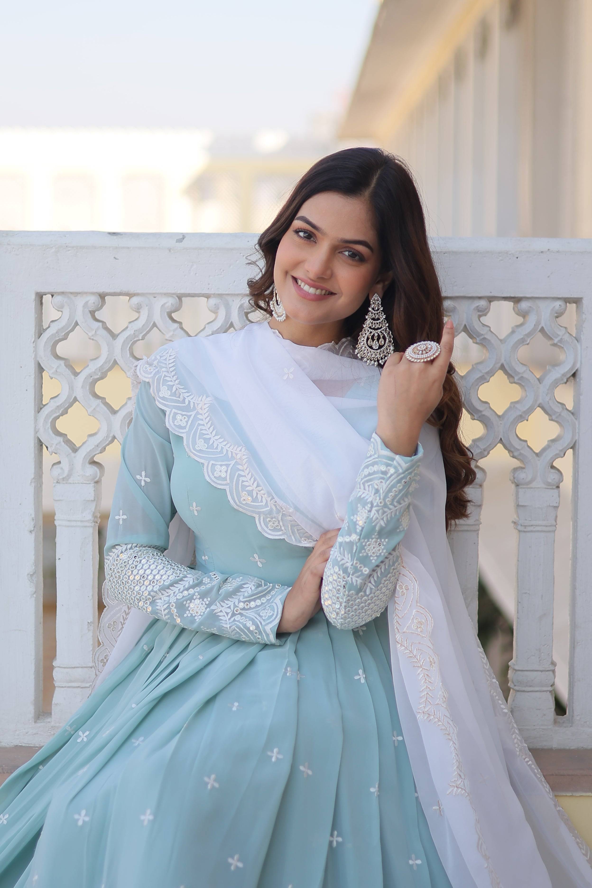 Pastel Blue Anarkali Gown with White Net Dupatta – Party & Wedding Wear Dress for Women