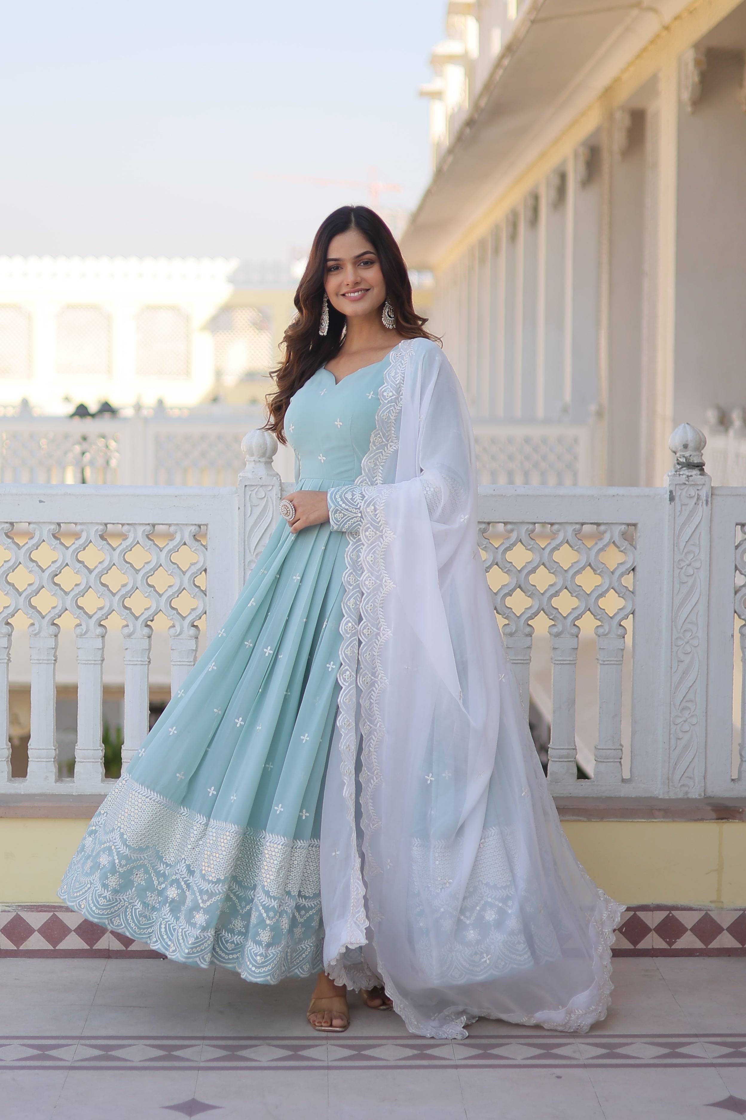 Pastel Blue Anarkali Gown with White Net Dupatta – Party & Wedding Wear Dress for Women