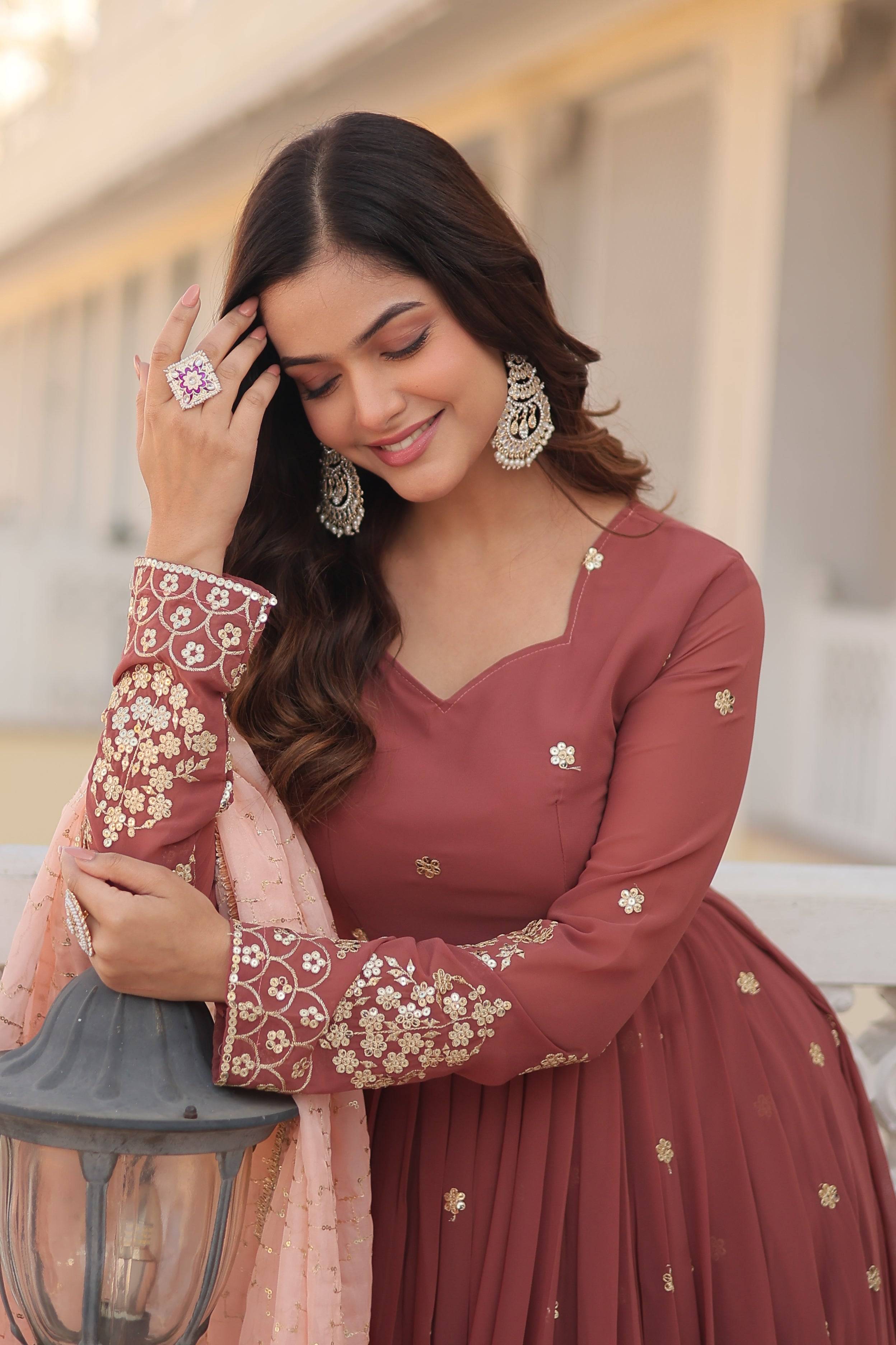 Maroon Embroidered Anarkali Gown with Peach Dupatta | Party Wear Ethnic Dress for Women