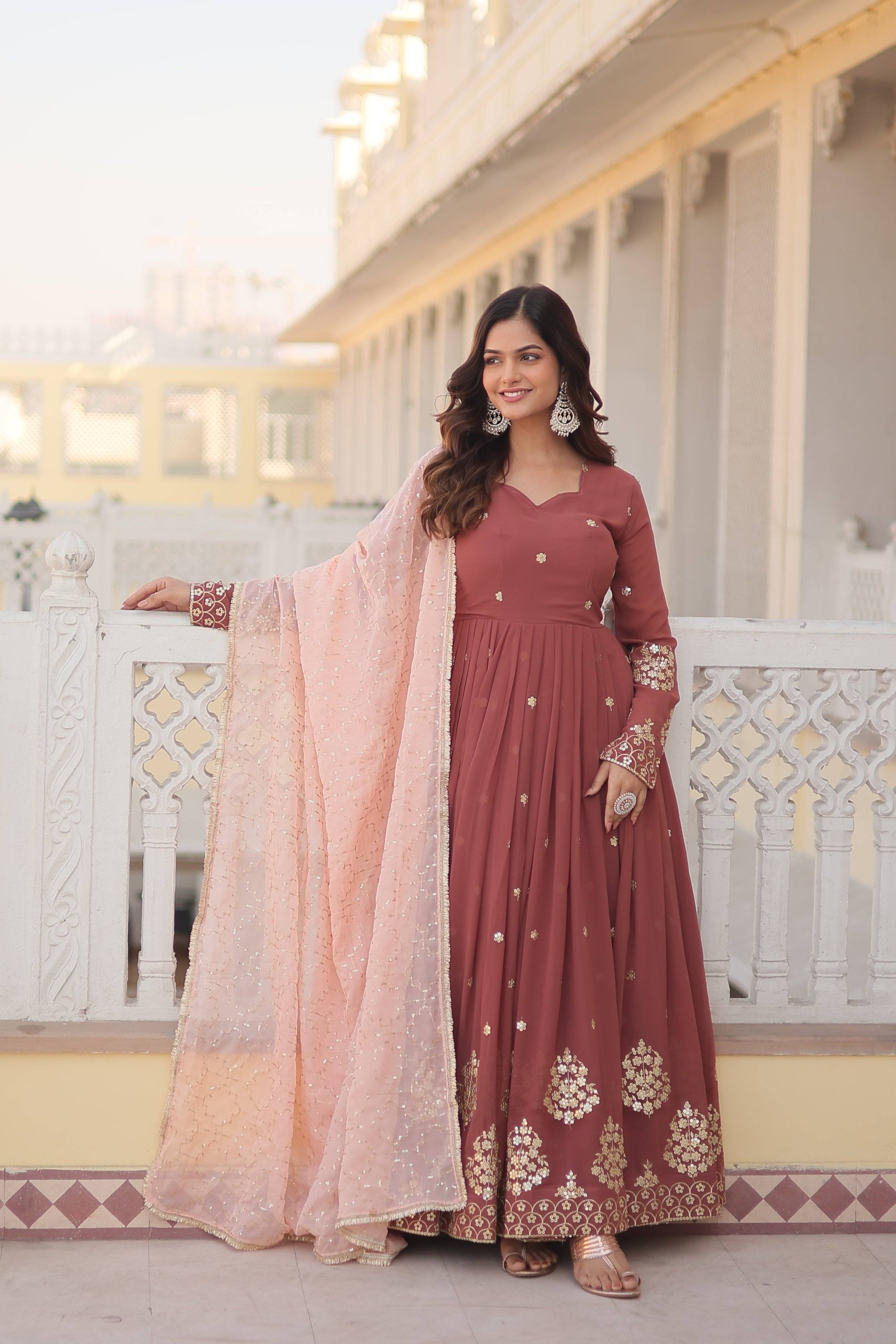 Maroon Embroidered Anarkali Gown with Peach Dupatta | Party Wear Ethnic Dress for Women