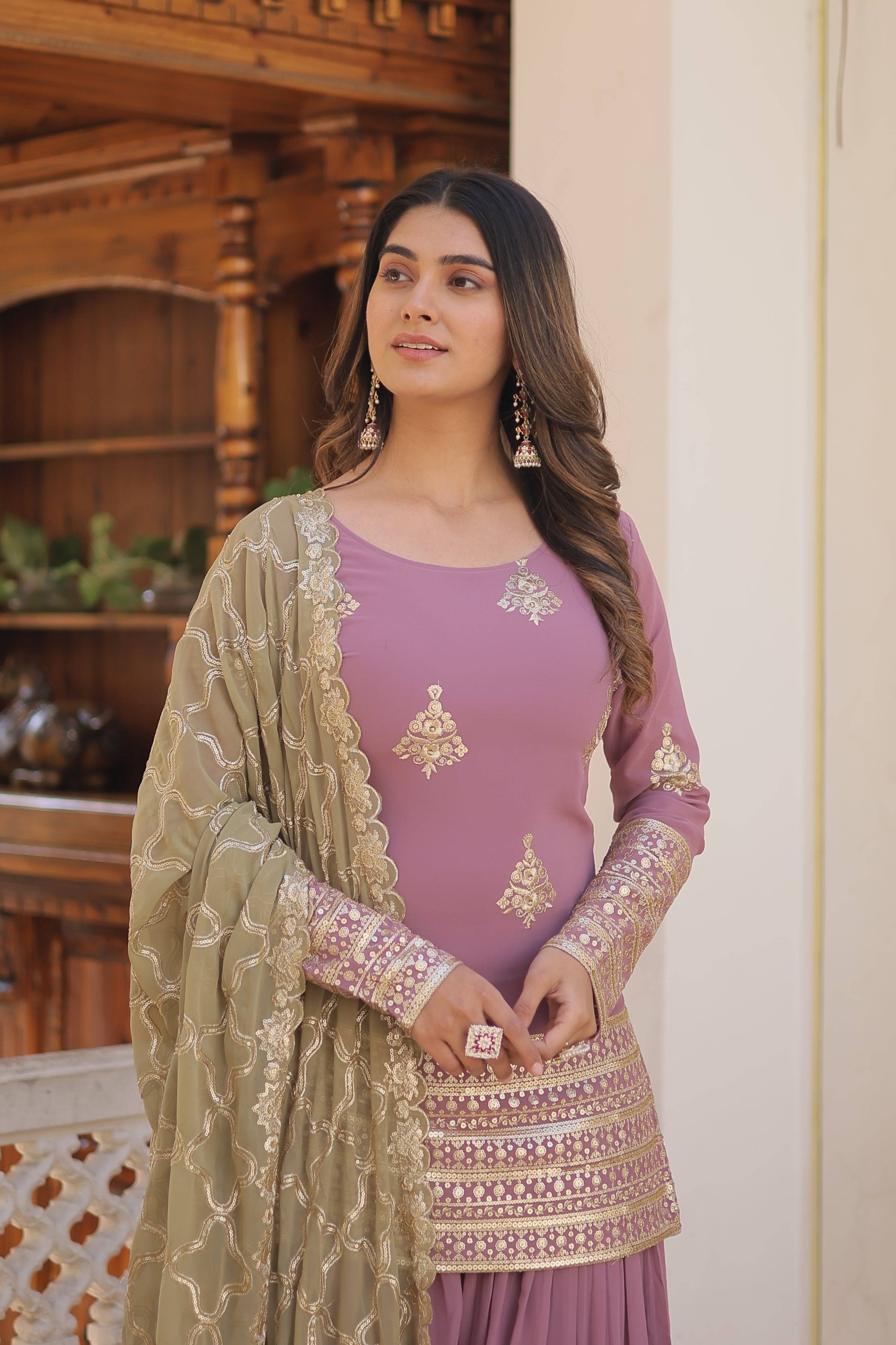 Embroidered Kurti Sharara Set with Net Dupatta | Party & Festive Wear for Women