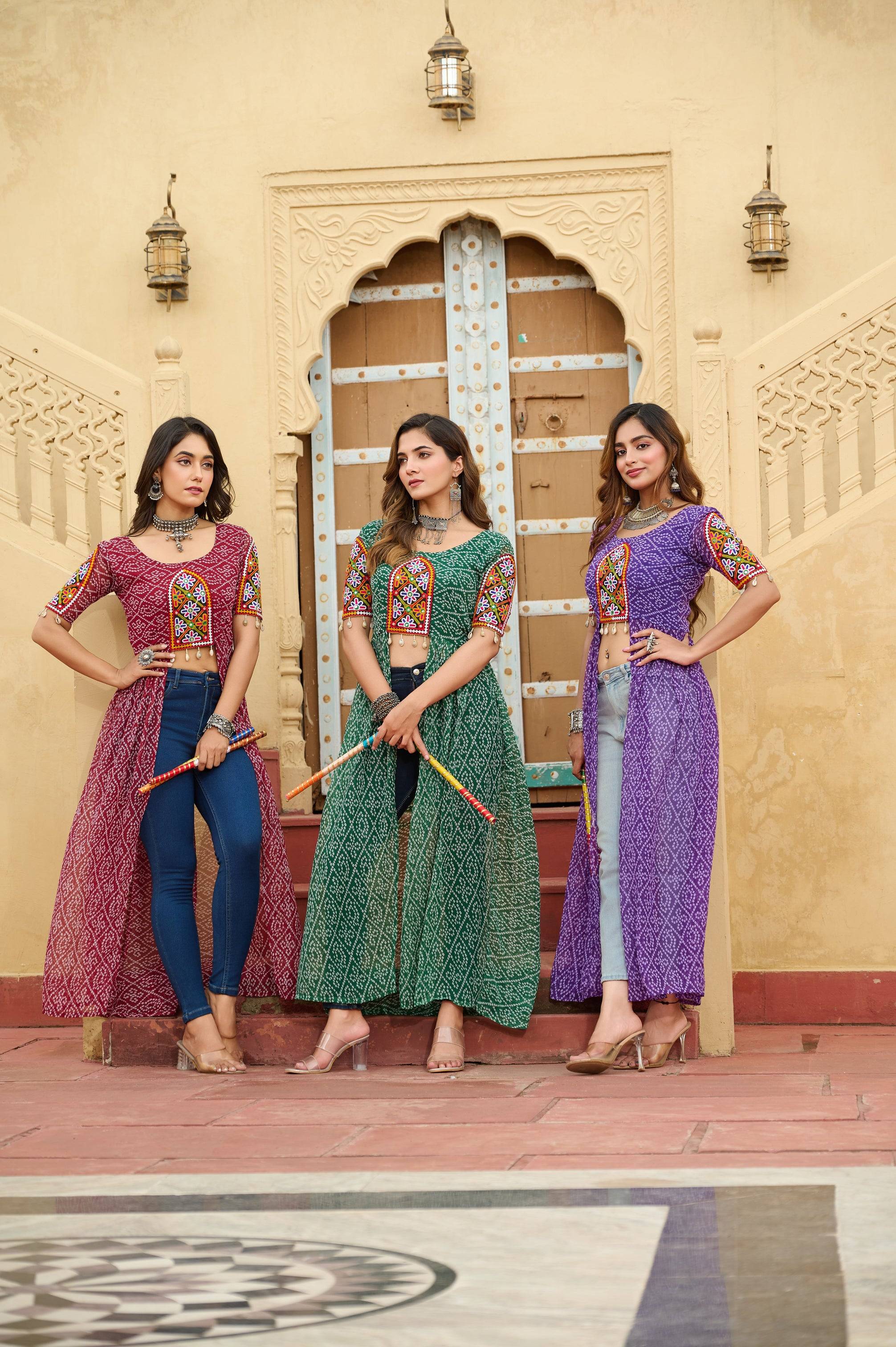 Bandhani Print Georgette Kurti with Kutchi Patchwork – Mayara Women Clothing