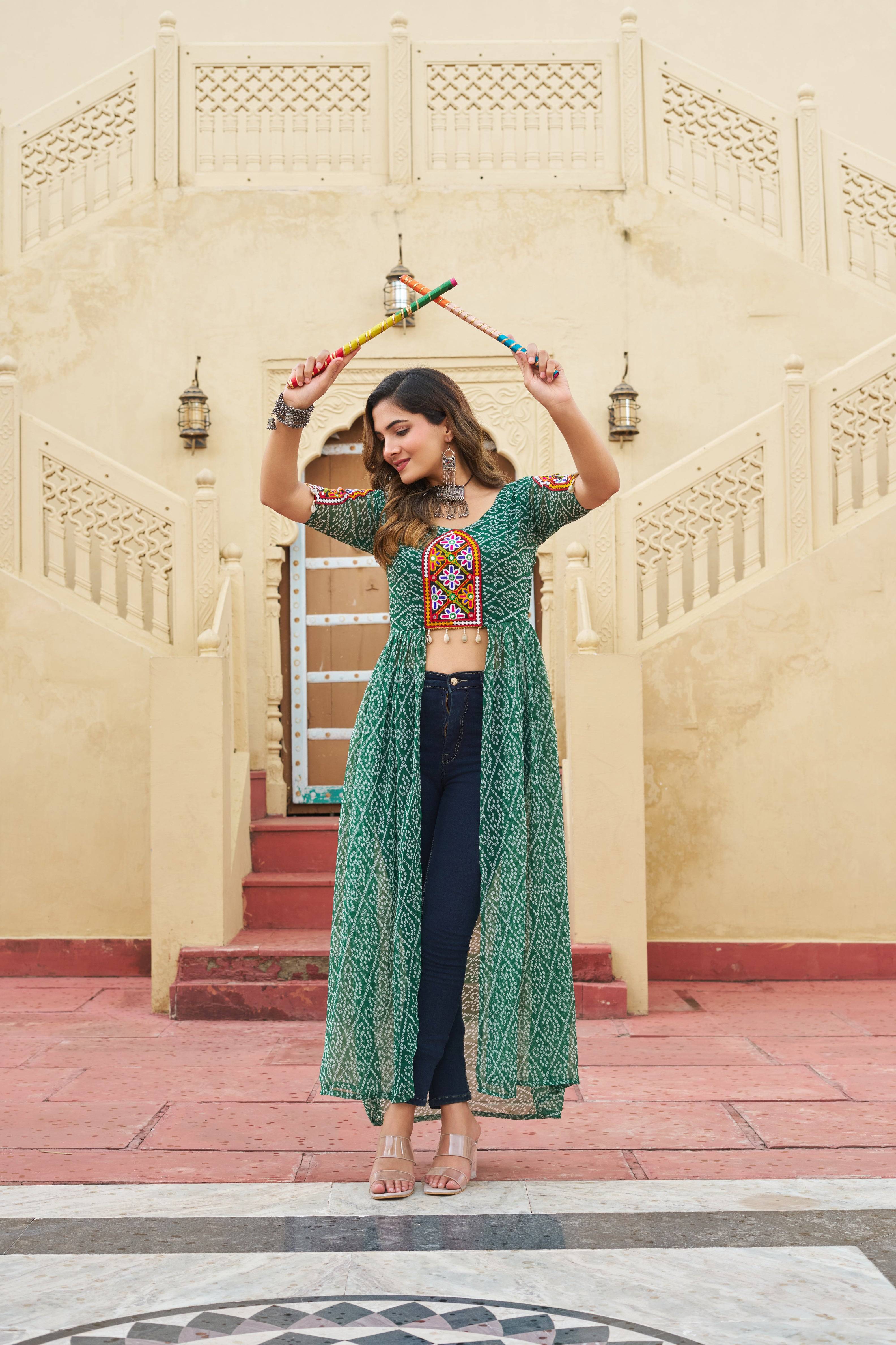 Bandhani Print Georgette Kurti with Kutchi Patchwork – Mayara Women Clothing