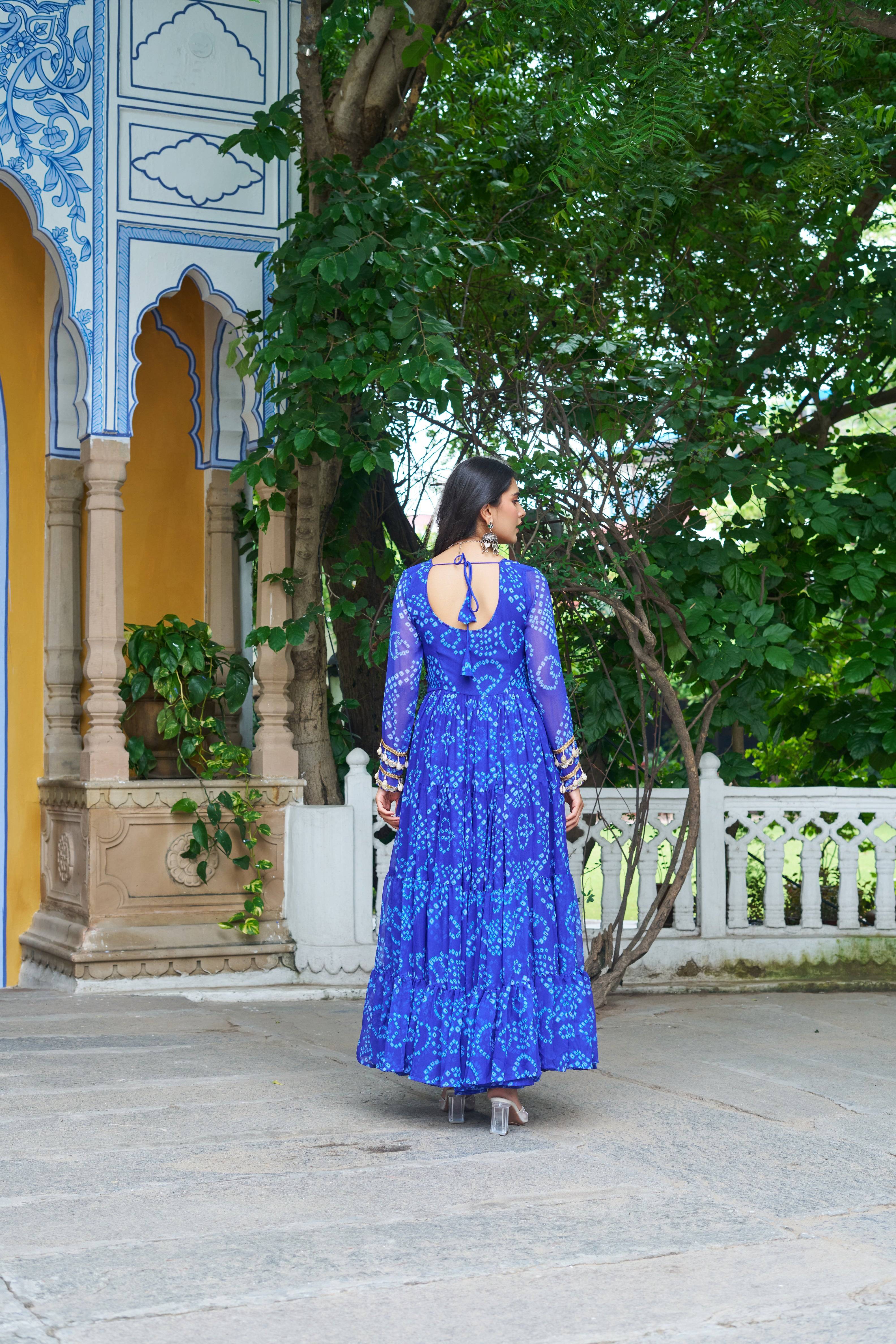 Black Bandhani Print Navratri Gown with Kutchi Patchwork & 12-Meter Flair – Mayara Women Clothing