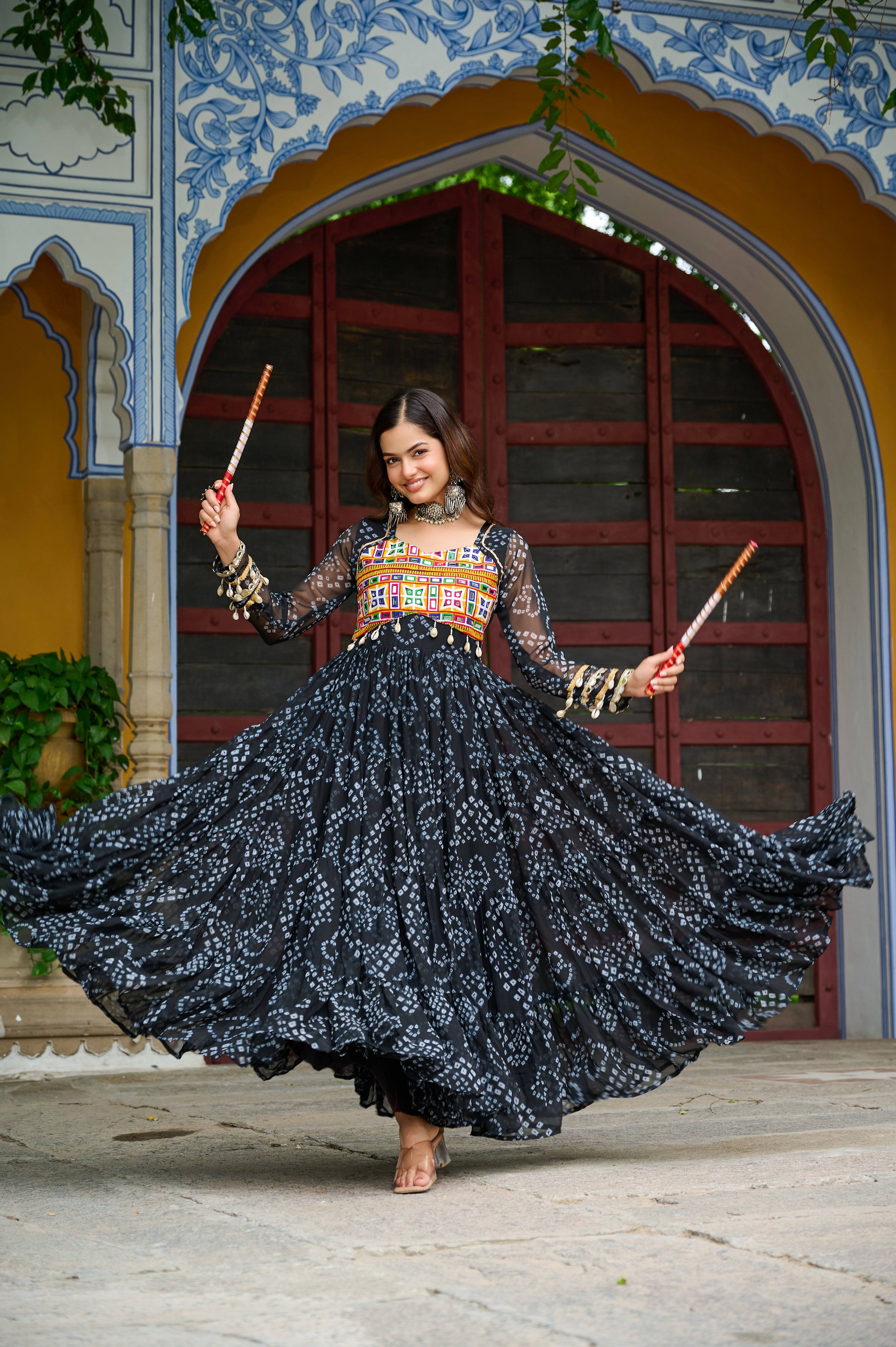 Black Bandhani Print Navratri Gown with Kutchi Patchwork & 12-Meter Flair – Mayara Women Clothing