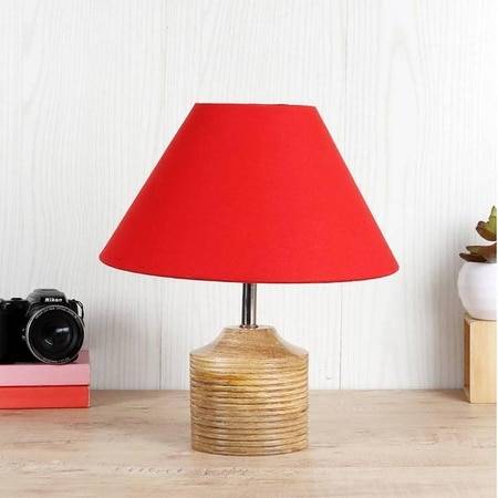 Jane Red Fabric Shade Table Lamp with Natural Wooden Base