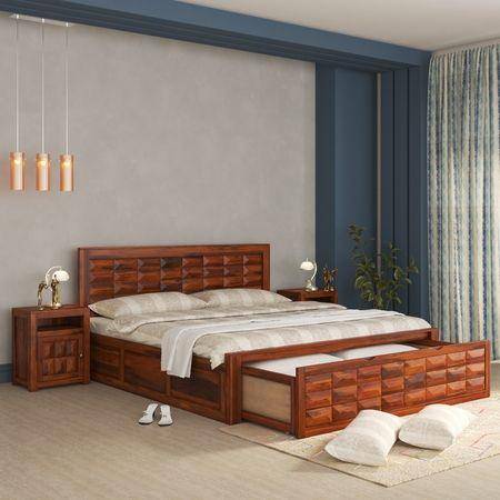 Diamond Box and Drawers Storage King Bed in Honey Finish