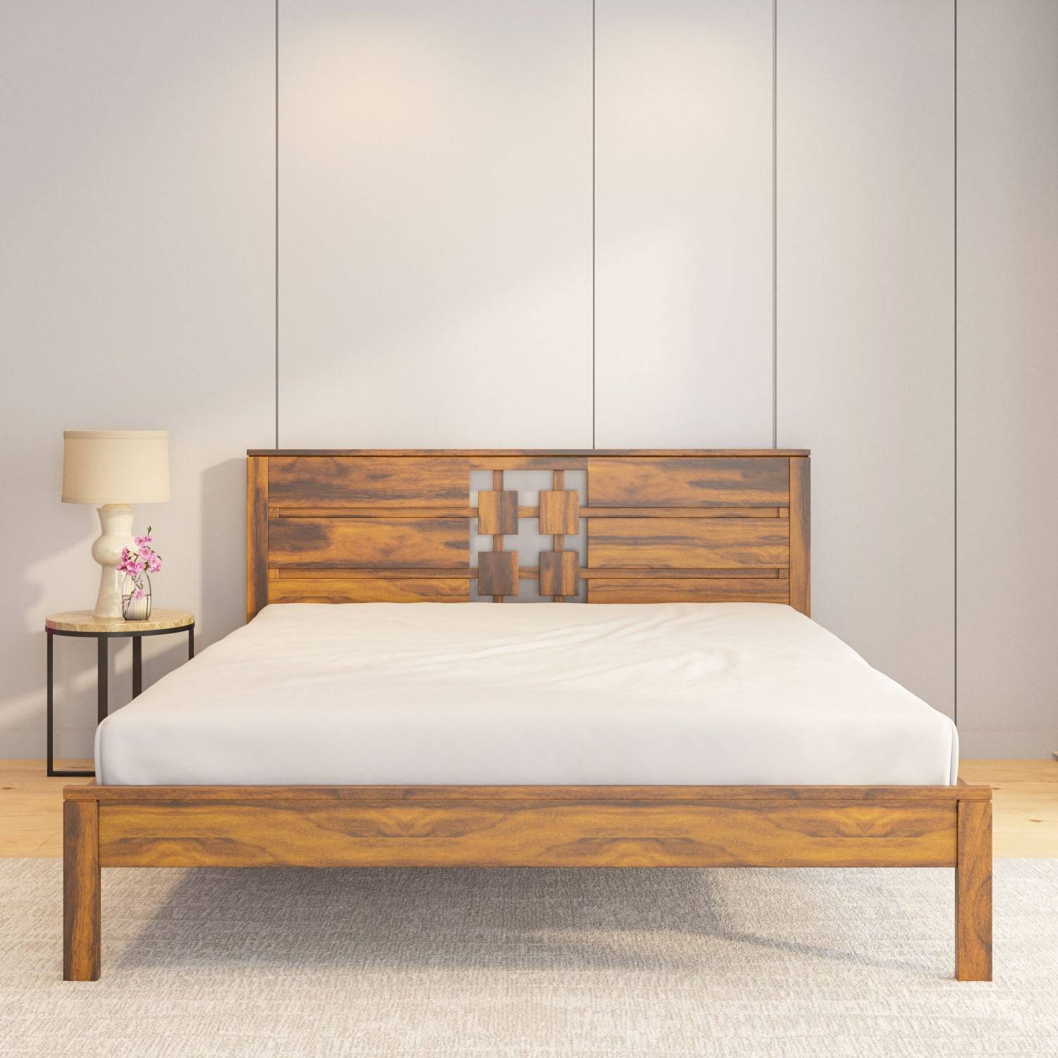 Konnect Solid Wood Queen Bed without Storage- Honey Walnut