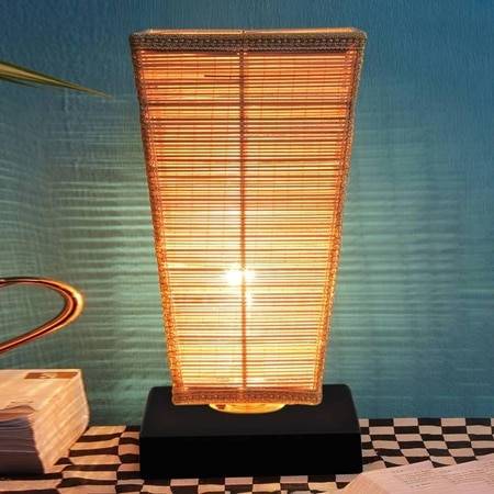 Khari Beige Bamboo Shade Table Lamp with Black Iron Base