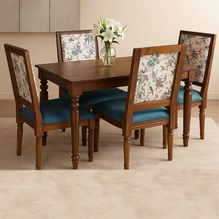 Globally Indian Sheesham Wood 4 Turning Leg Seater Dining Table Set With Upholstered Chairs â€“ Wooden Dining Room Furniture For Home"