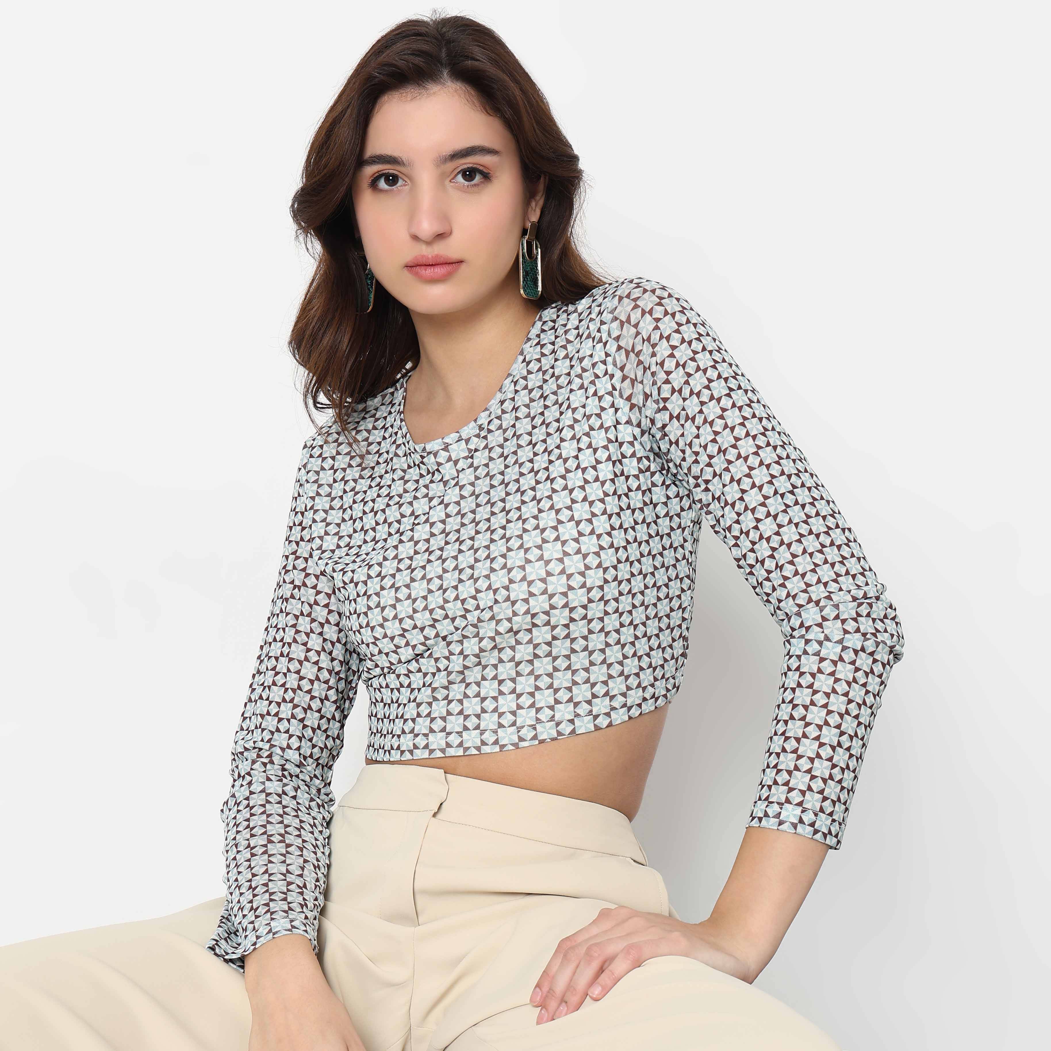 Slim Fit Printed Mesh Top