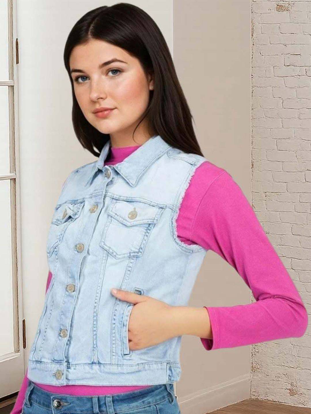 Kotty Women Spread Collar Solid Denim Jacket