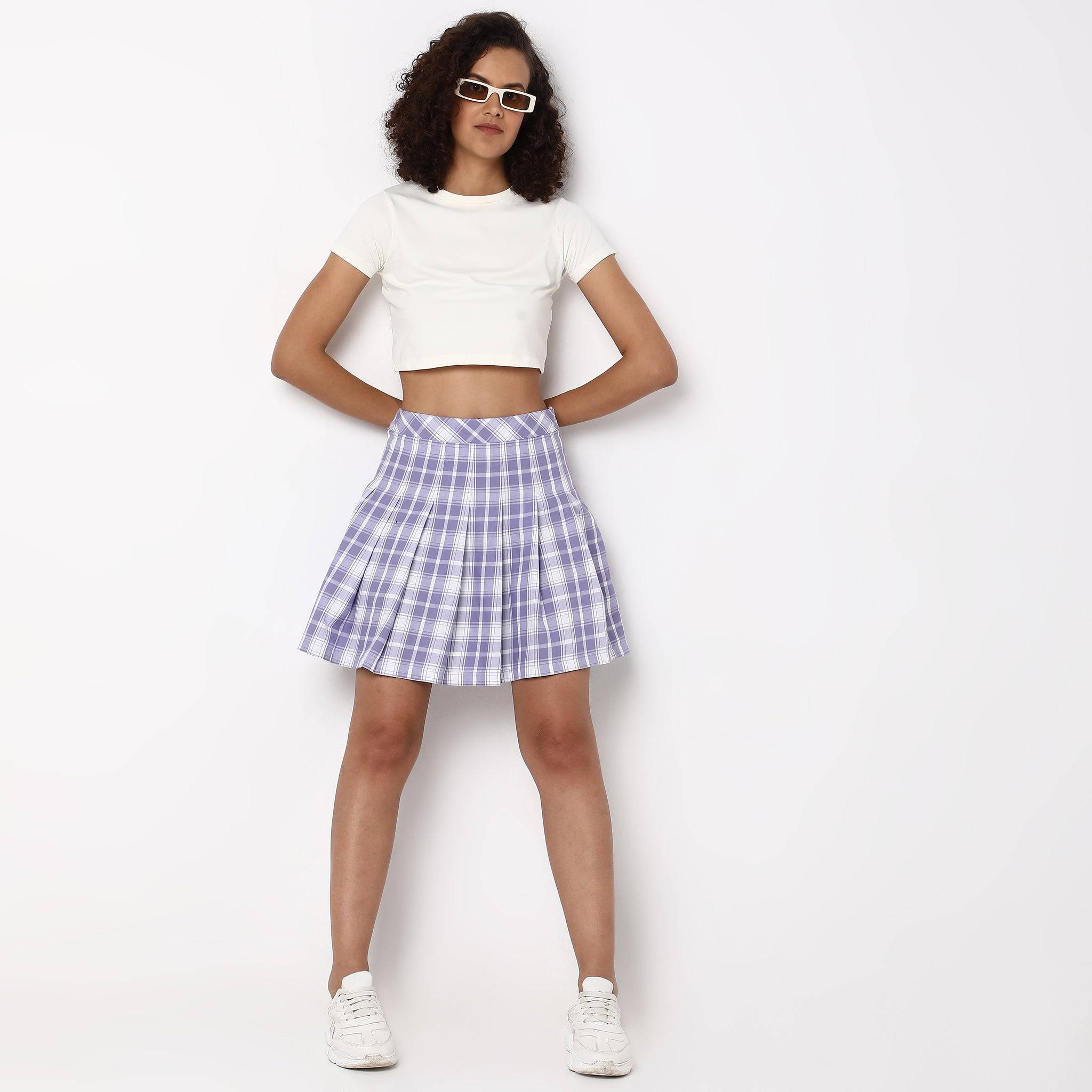 Flare Fit Checkered Mid Rise Skirt