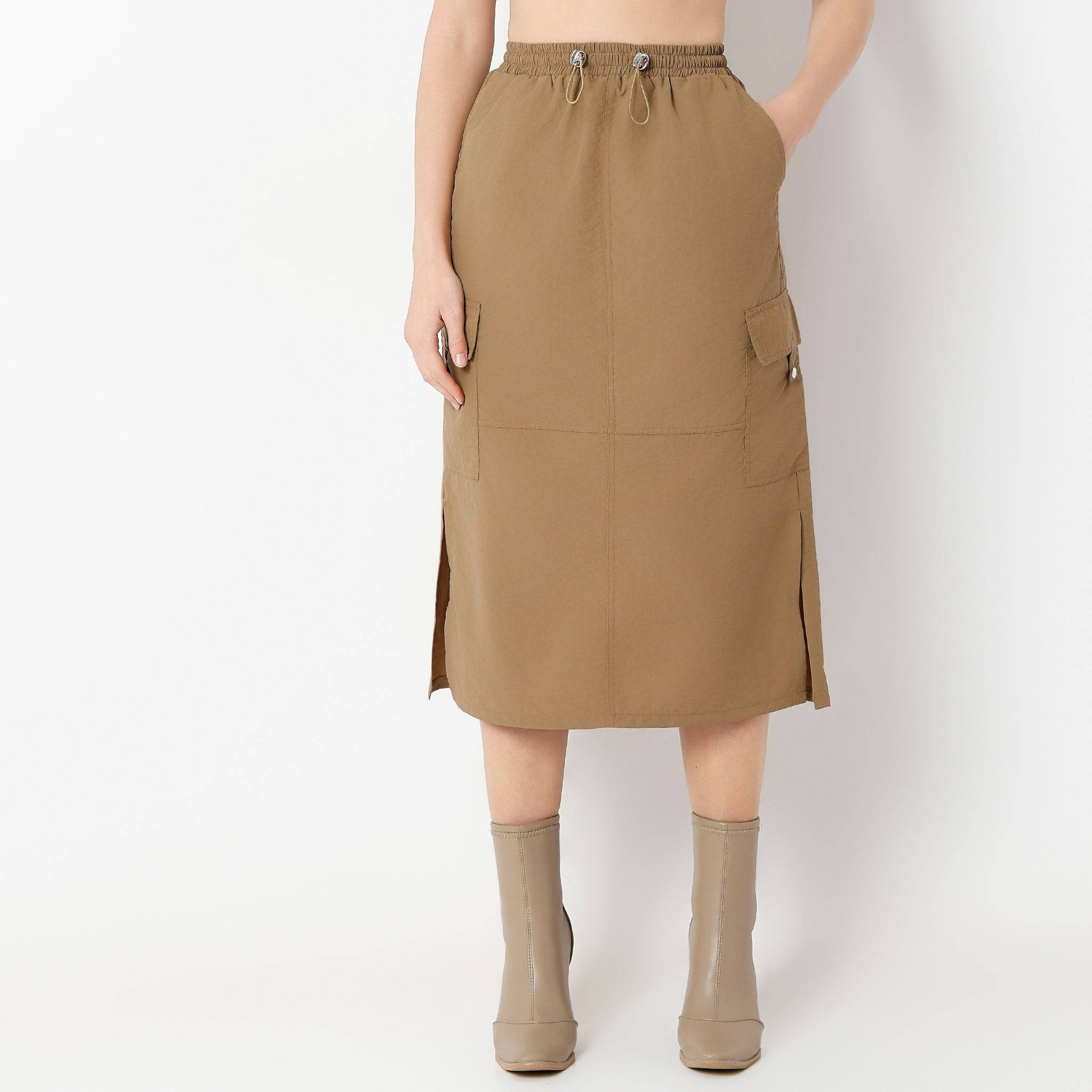 Calf Length Solid Betty Skirt With Side Slit And Patch Pockets