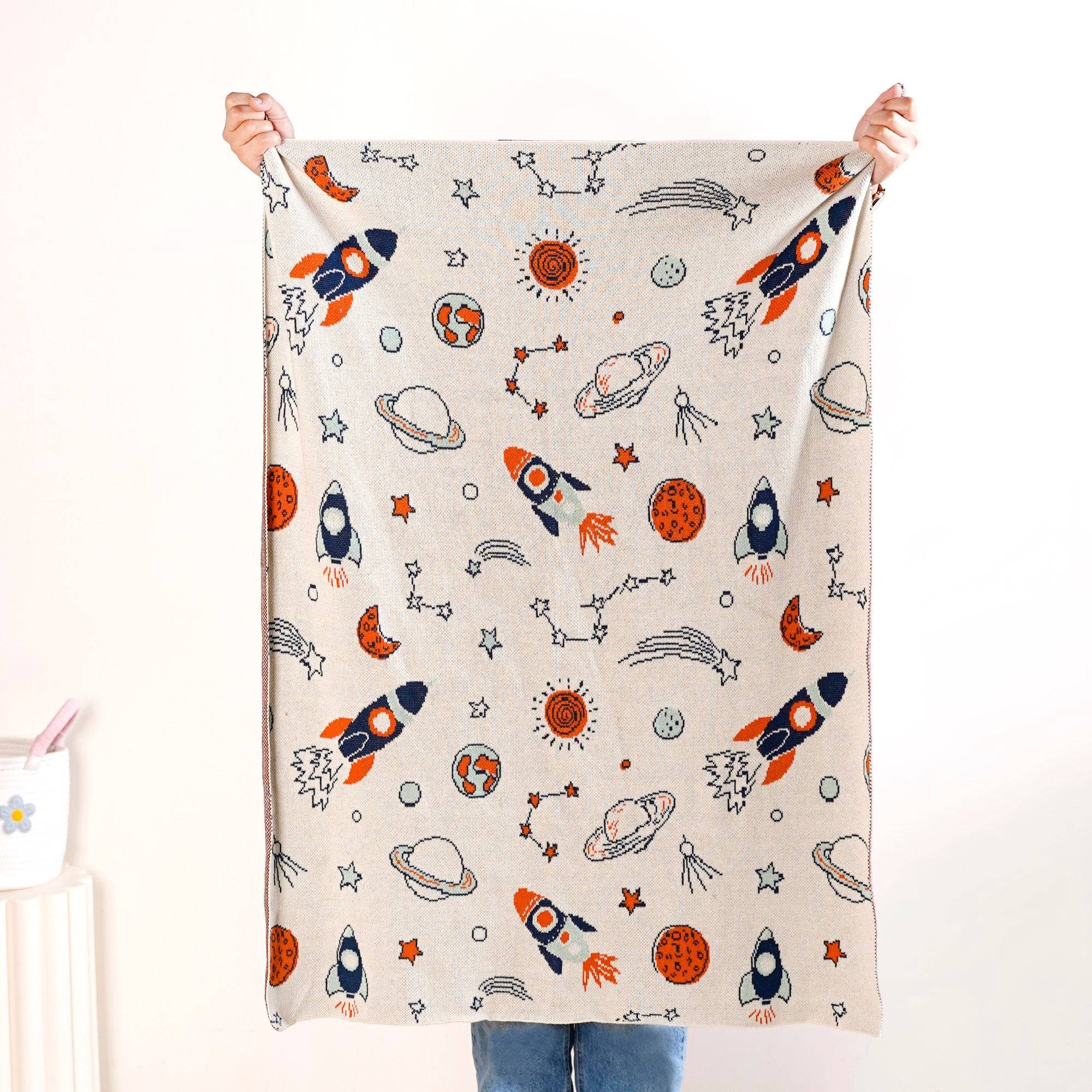 Space Rocket Astronomy Knitted Cotton Throw For Toddlers Small 99x73cm