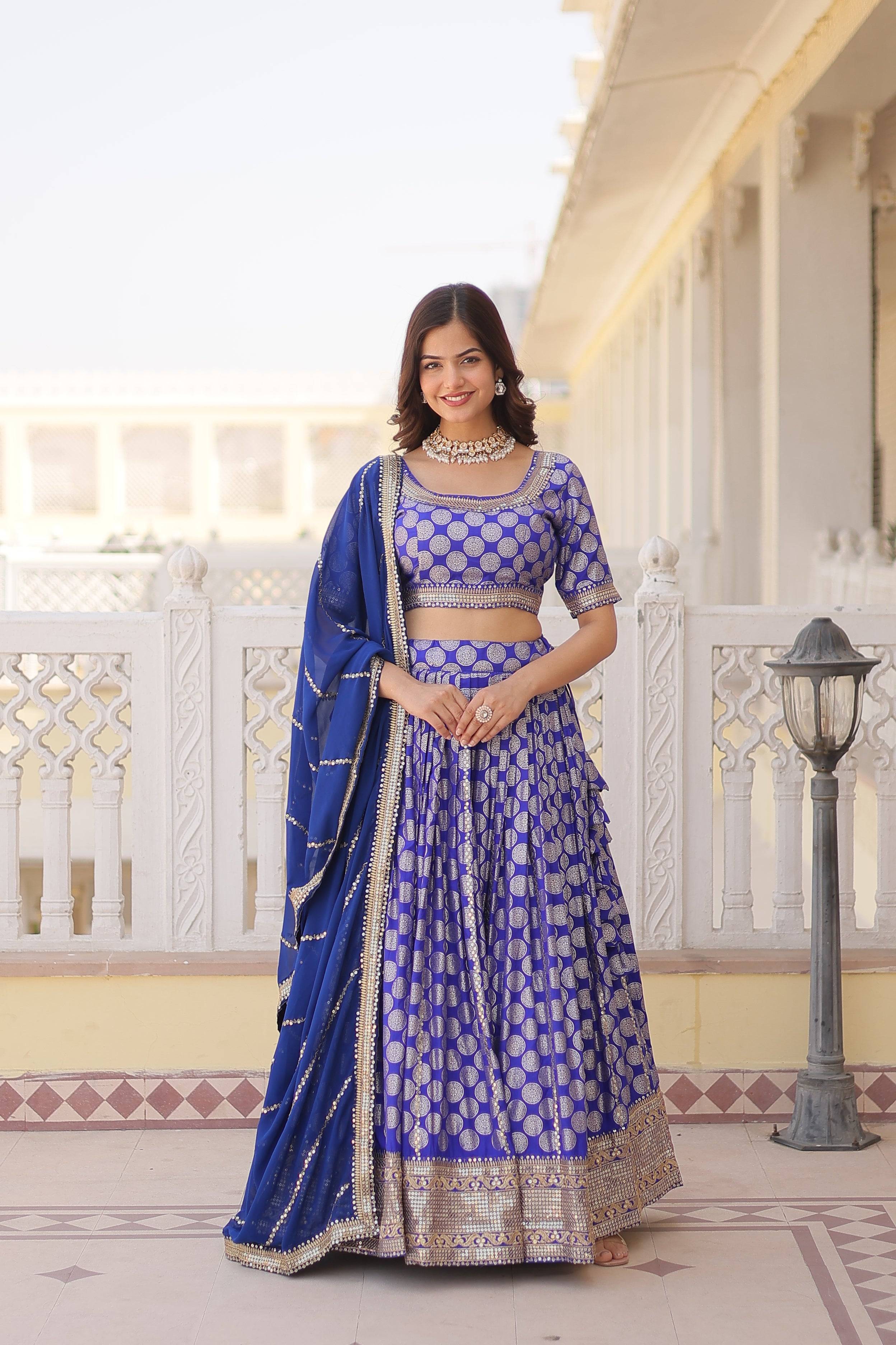 Royal Blue Banarasi Silk Lehenga Choli Set with Zari Work & Dupatta – Wedding Festive Wear for Women