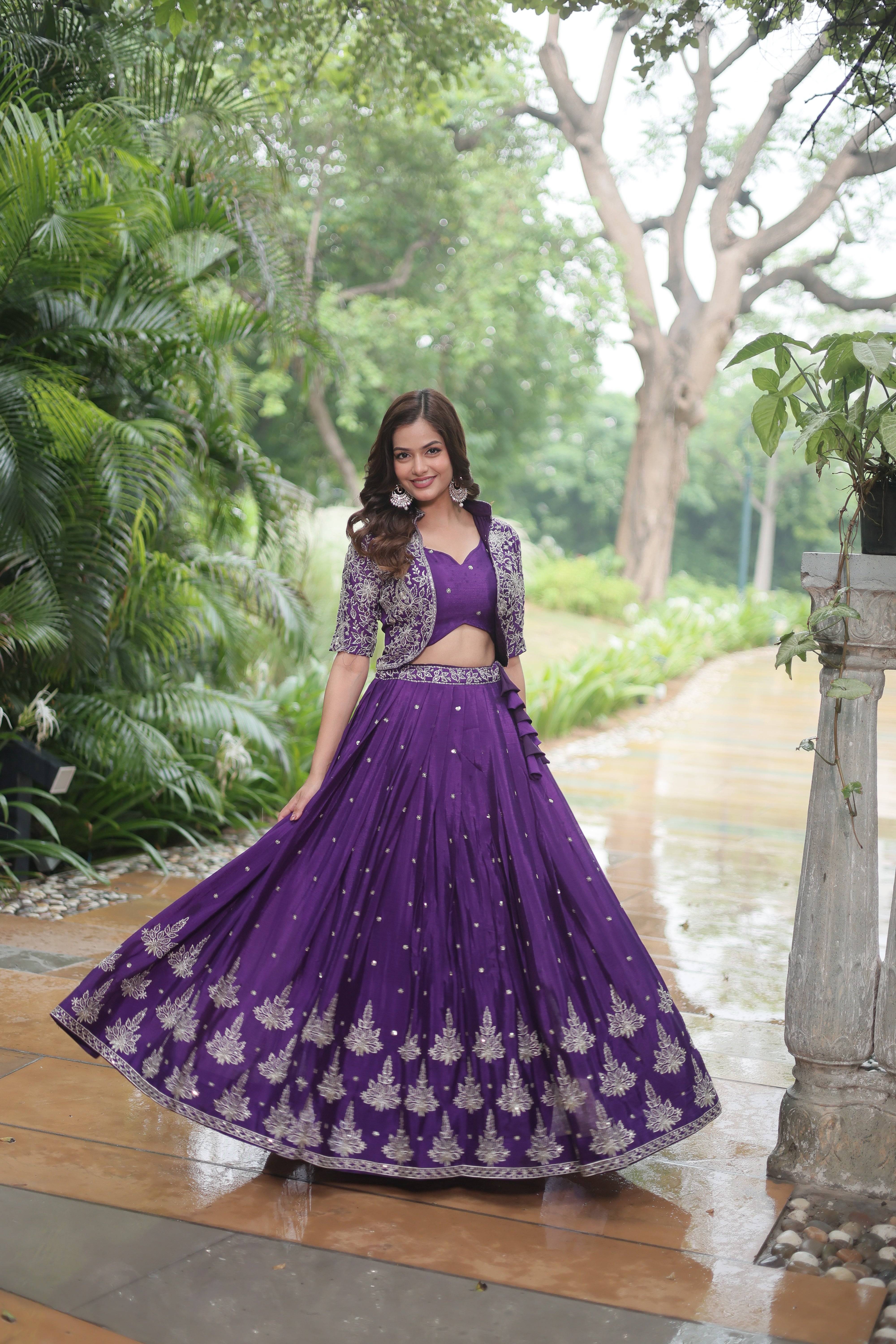 Purple Chinnon Lehenga with Sequins Work, Fancy V-Neck Blouse & Embroidered Koti – Full-Stitched Designer Set