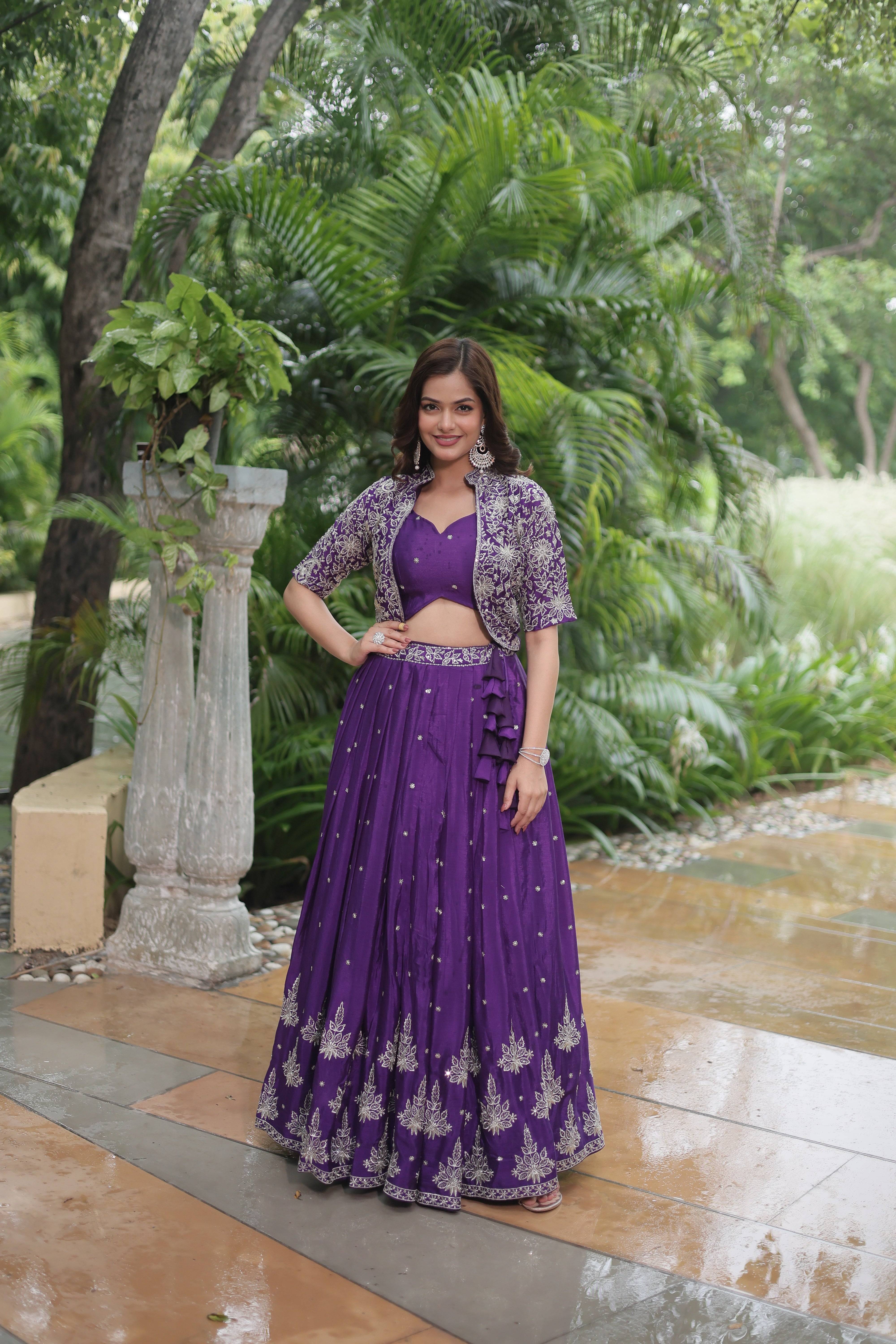 Purple Chinnon Lehenga with Sequins Work, Fancy V-Neck Blouse & Embroidered Koti – Full-Stitched Designer Set