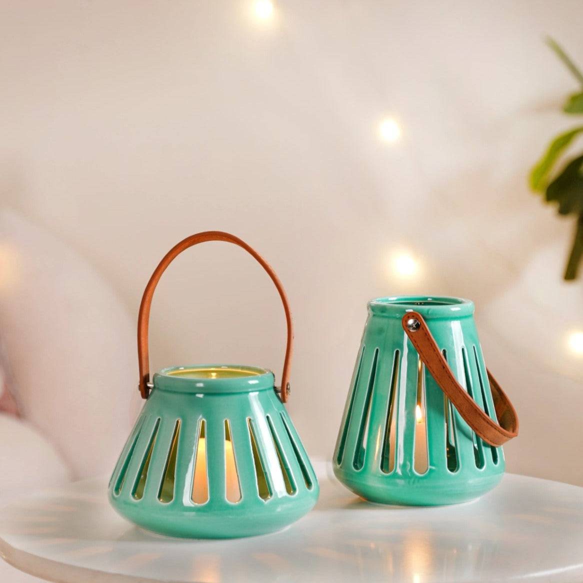Teal Decorative Ceramic Lantern Set of 2