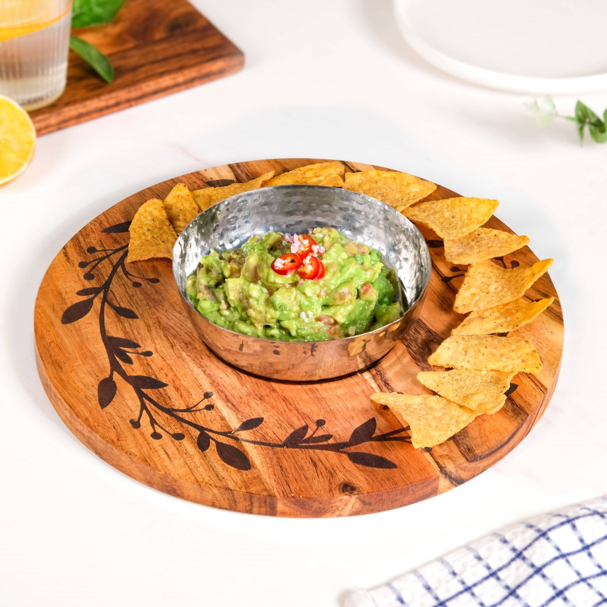 Chips And Dip Fusion Wooden Serving Platter With Steel Bowl 30cm buy only at ₹1550
