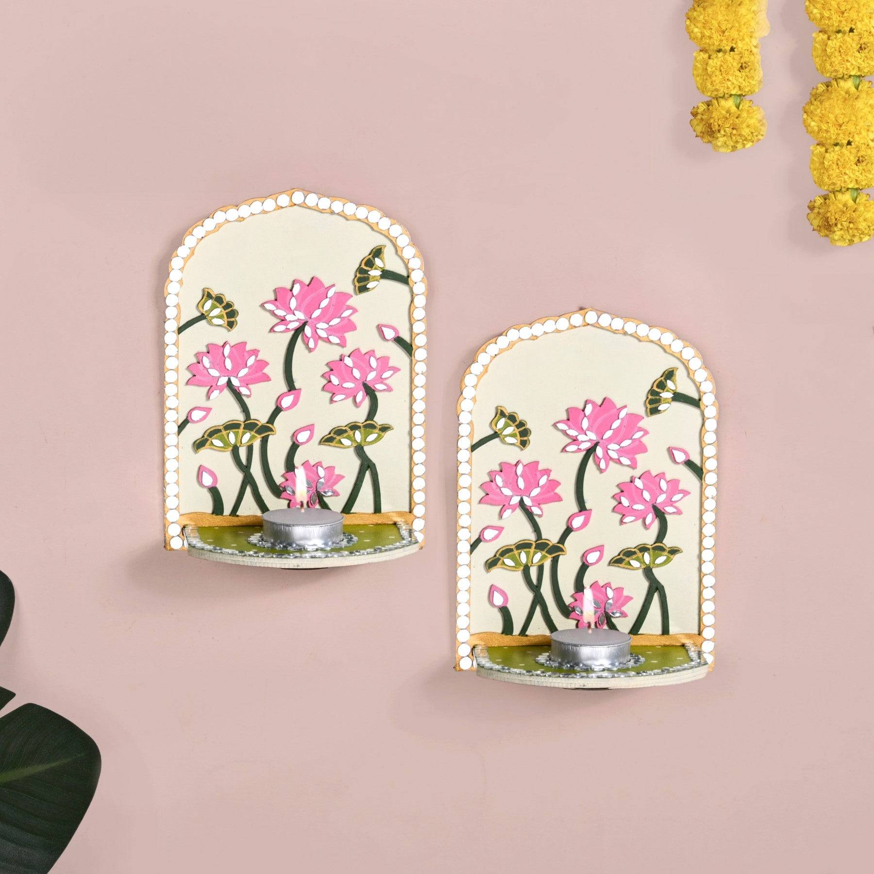 Lippan Wall Tealight Candle Holder With Mirror Work Set Of 2