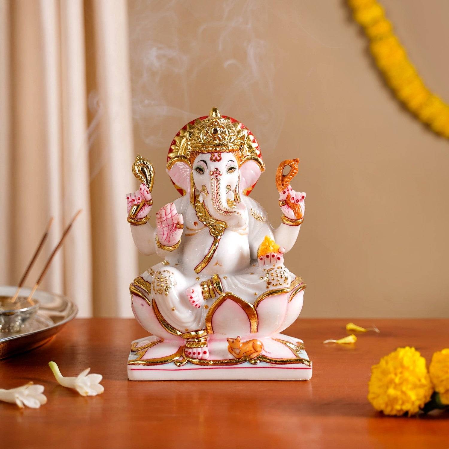 Lord Ganesha On Lotus Idol 17x12cm