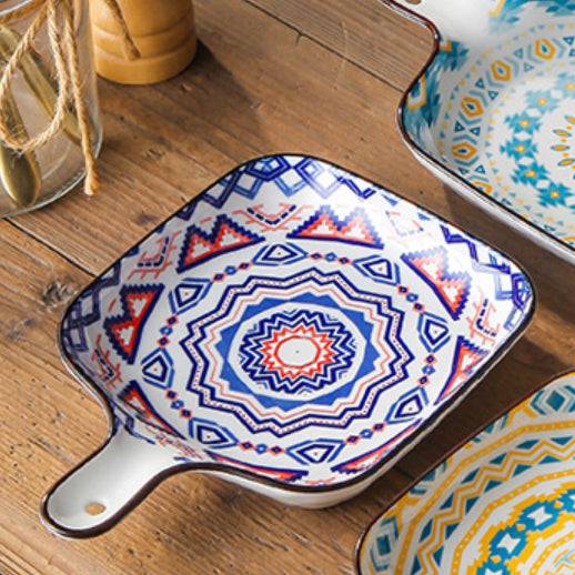 Mandala Blue Square Snack Plate With Handle