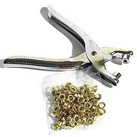 100 Pcs Gold Eyelets Belt Setting Plier - Leather Hole Punch Pliers, Grommets Kit with 100 Metal Eyelets in Silver for Leather, Shoes, Fabric, Belts, Workbooks, Apparel Buy @ ₹149