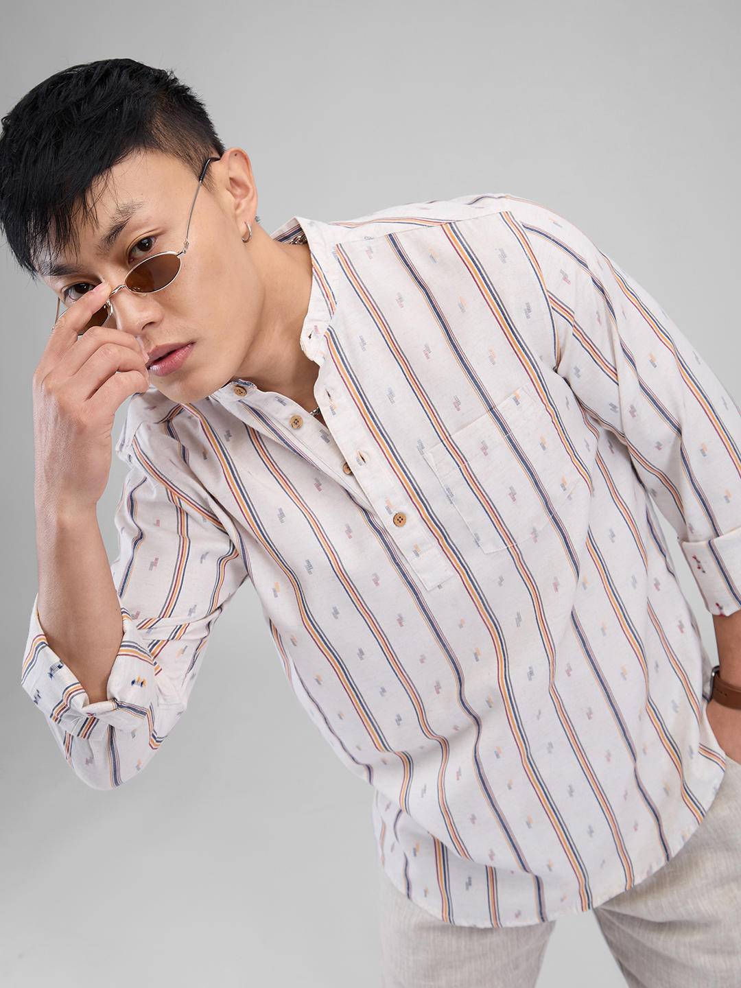 Modish Multicolour Striped Linen Kurta Buy only at ₹599