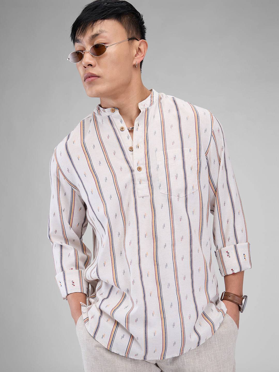 Modish Multicolour Striped Linen Kurta Buy only at ₹599