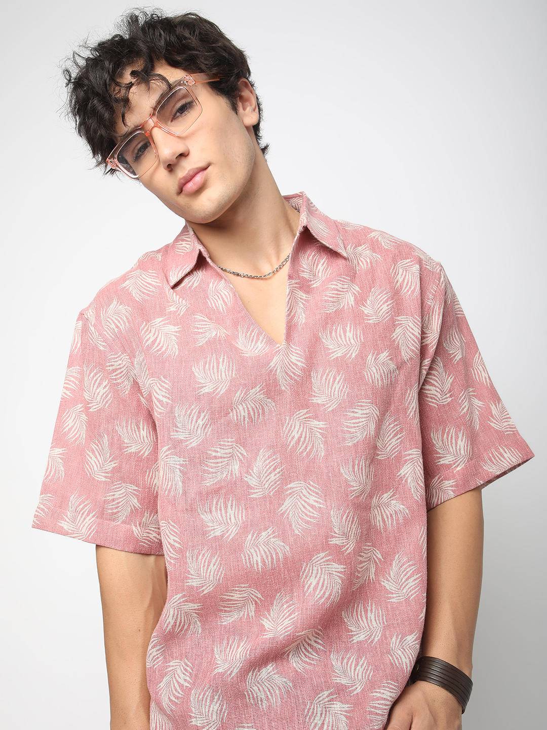 Peachy Pink Coco Leaf Printed Burlap Oversized Polo Shirt Buy only at ₹759