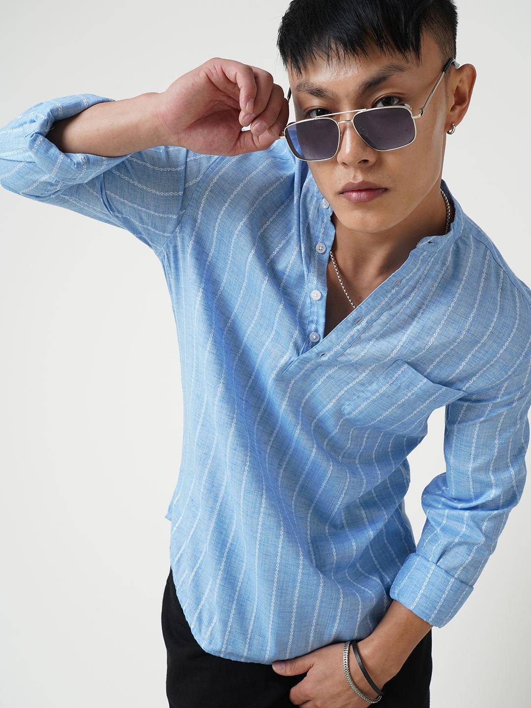 Sky Blue Dobby Striped Kurta Buy only at ₹659