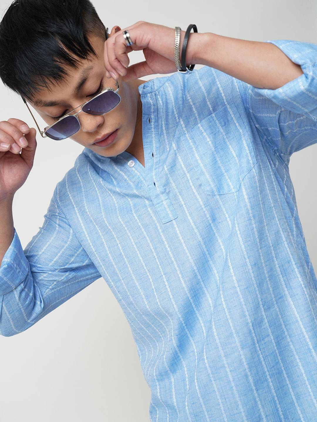 Sky Blue Dobby Striped Kurta Buy only at ₹659