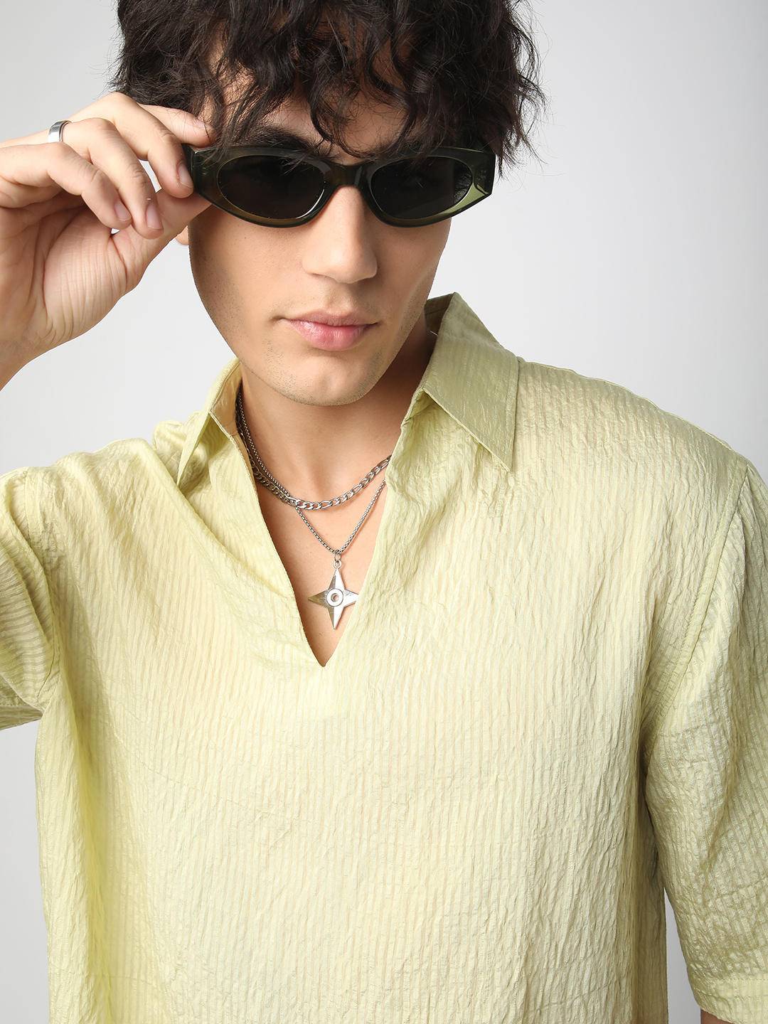 Lime Green Stripe Oversized Polo Crinkled Shirt Buy only at ₹699