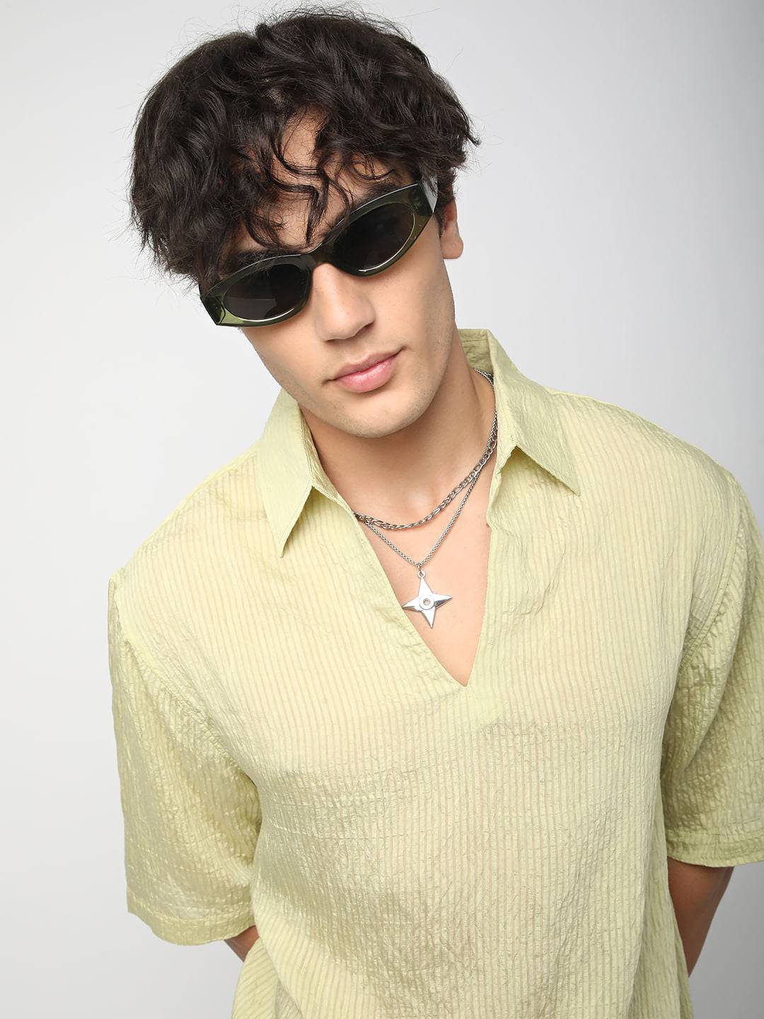 Lime Green Stripe Oversized Polo Crinkled Shirt Buy only at ₹699