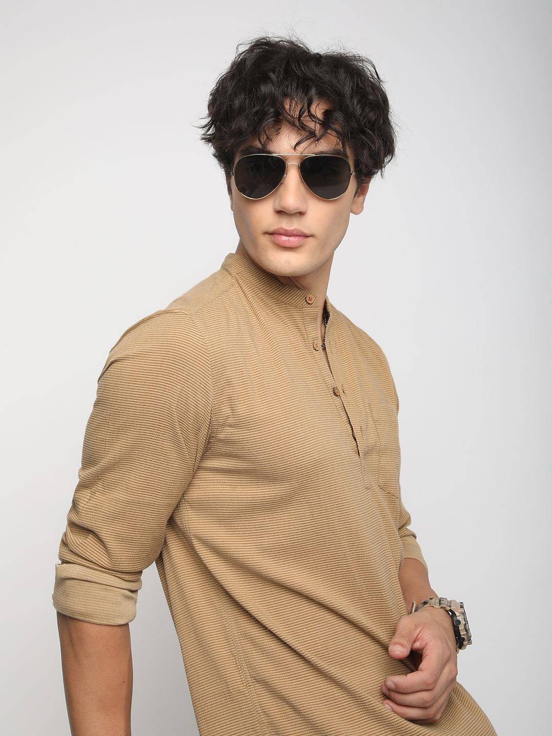 Khaki Horizontal Striped Seersucker Kurta Buy only at ₹619