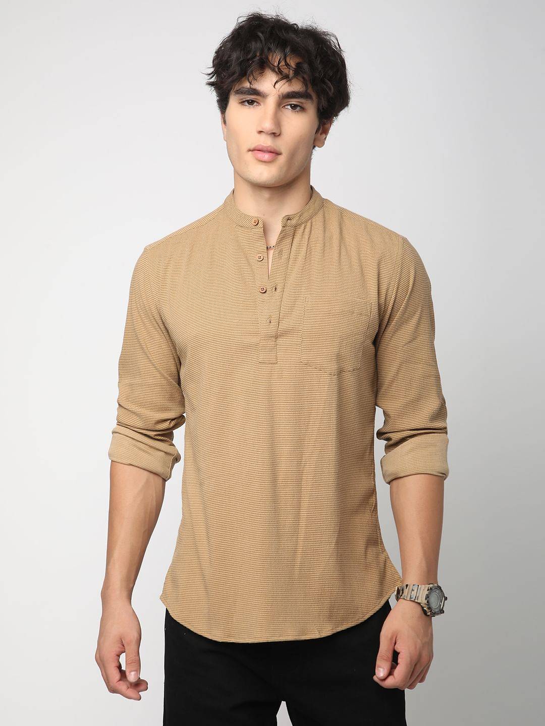 Khaki Horizontal Striped Seersucker Kurta Buy only at ₹619