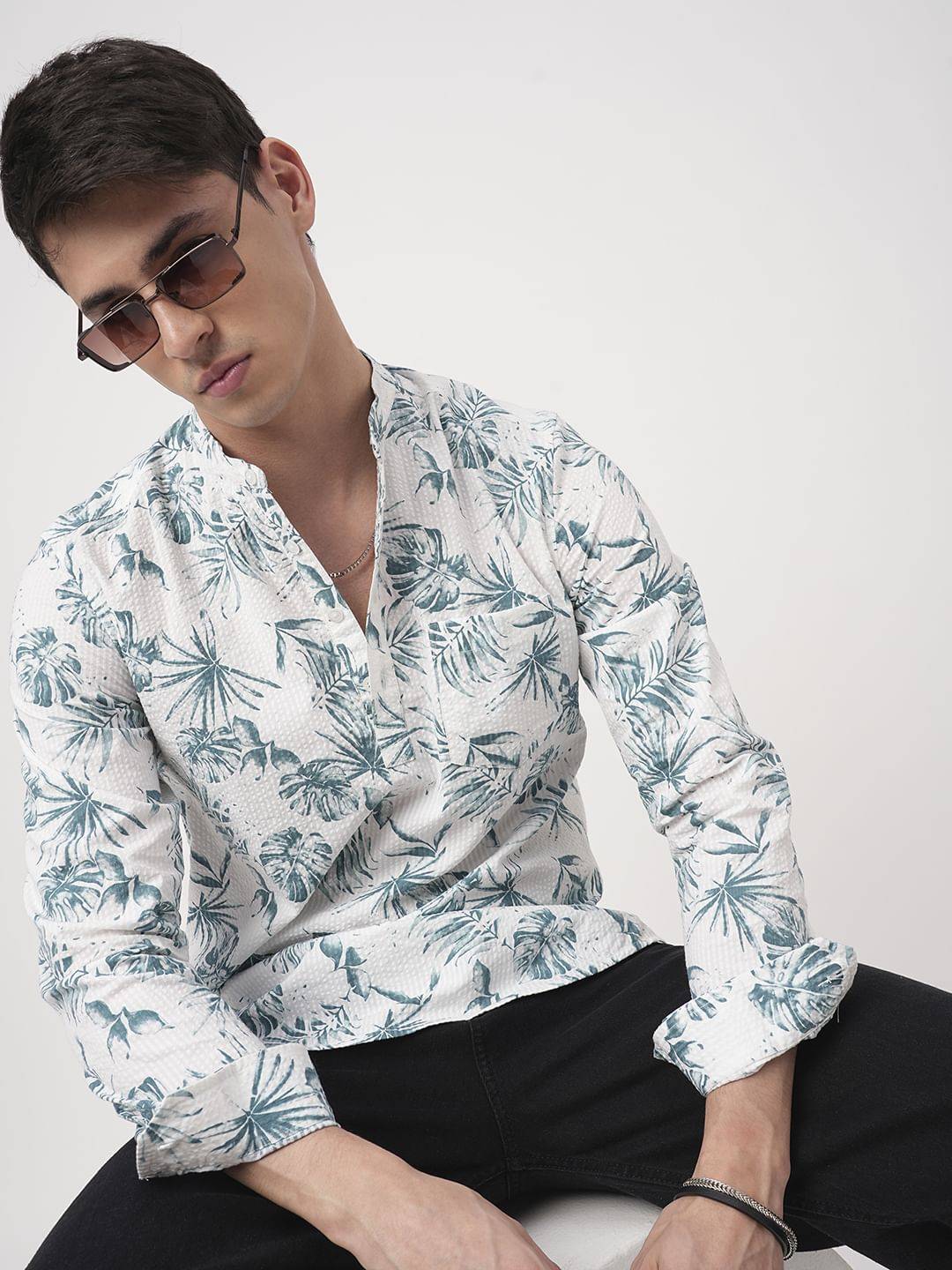 White & Green Tropical Leafy Printed Seersucker Kurta Buy only at ₹699