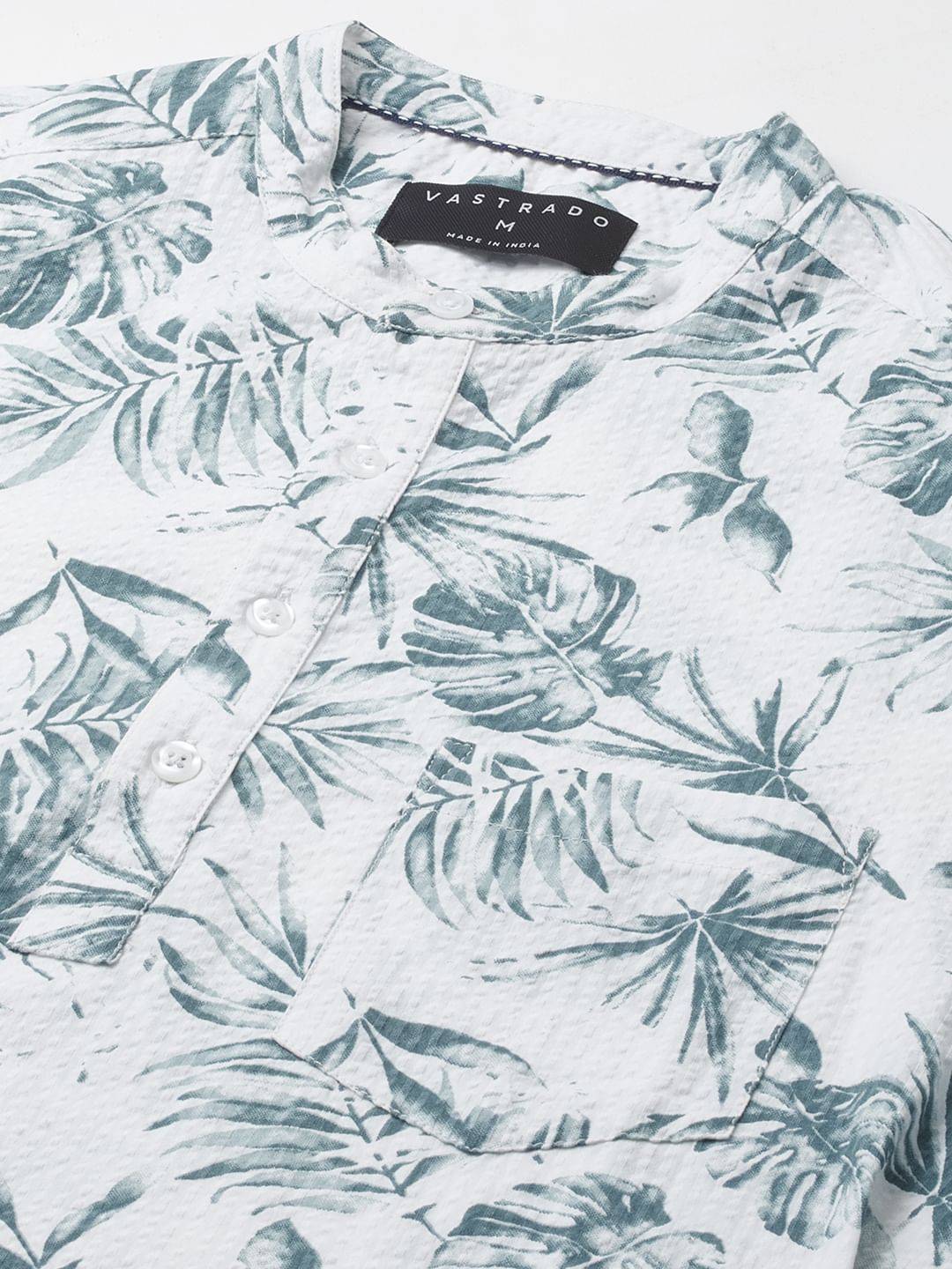 White & Green Tropical Leafy Printed Seersucker Kurta Buy only at ₹699