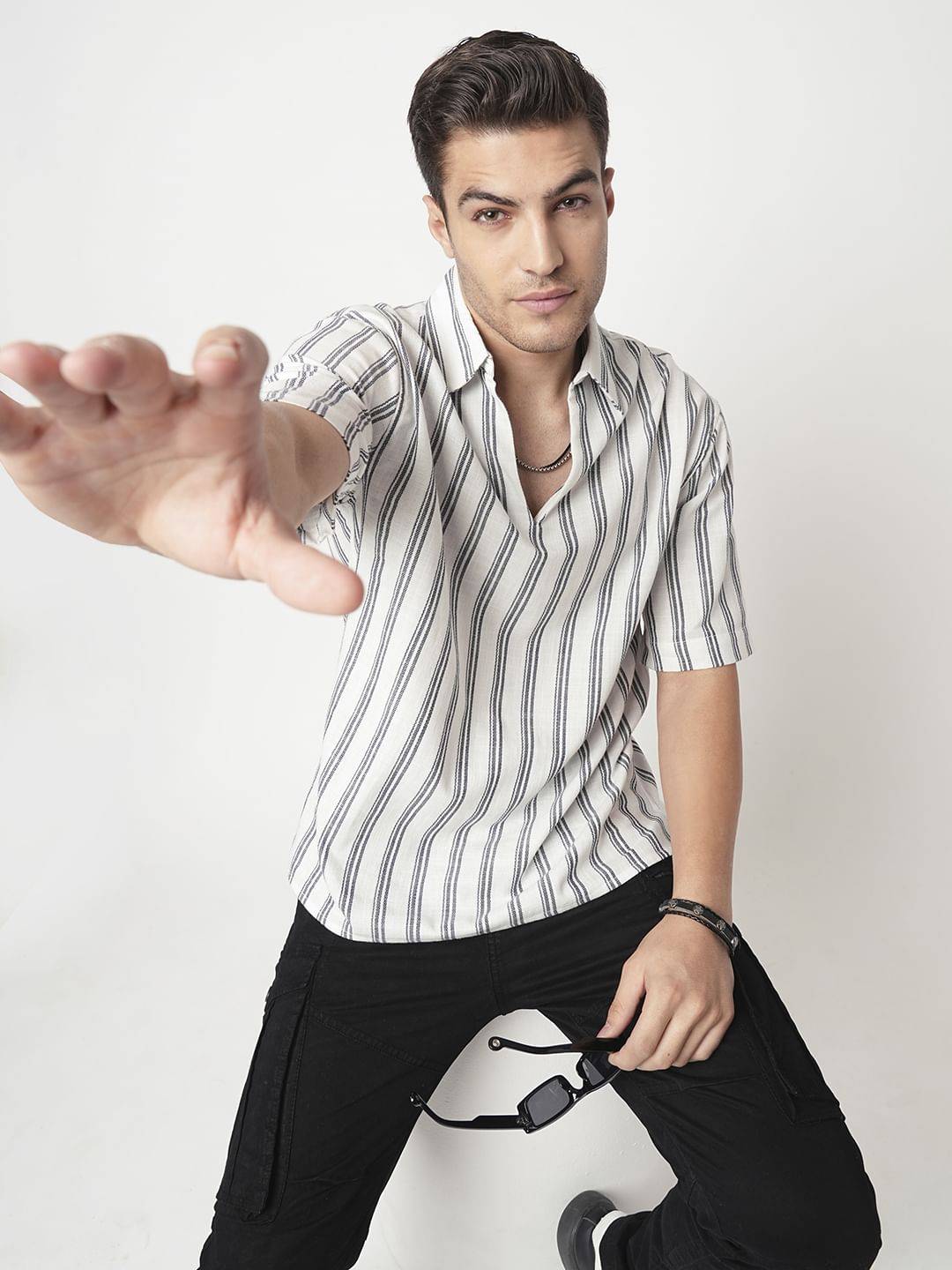 Navy & Off-White Striped Oversized Polo Shirt Buy only at ₹599