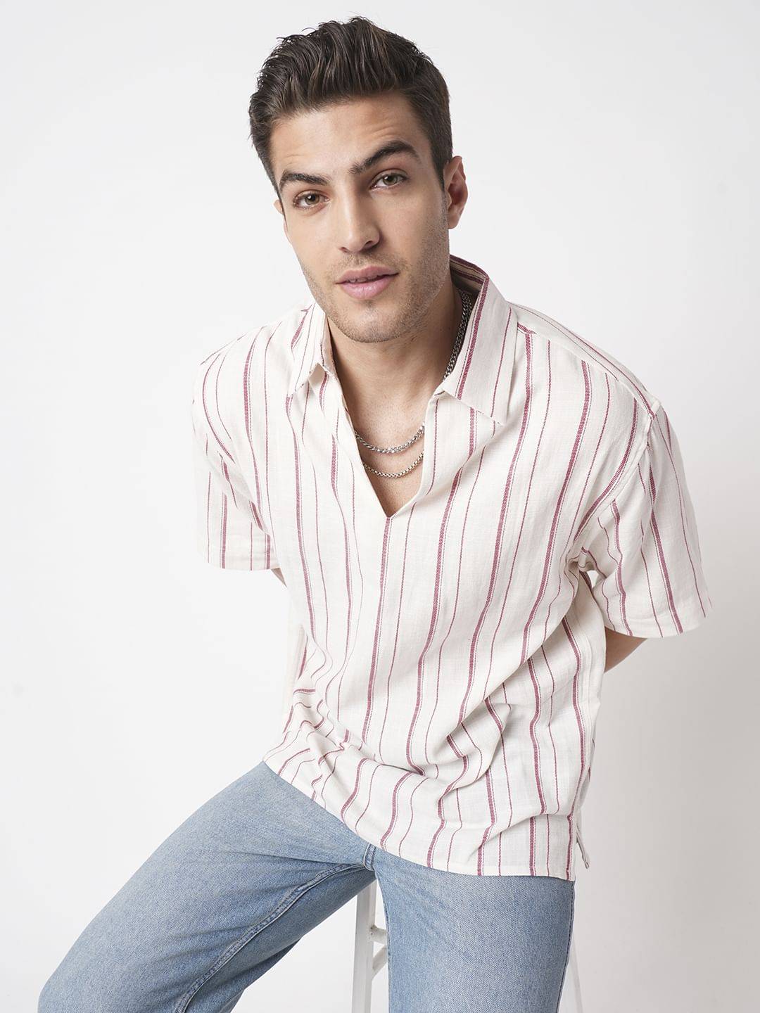 Berry Red & Off-White Striped Oversized Polo Shirt Buy only at ₹449