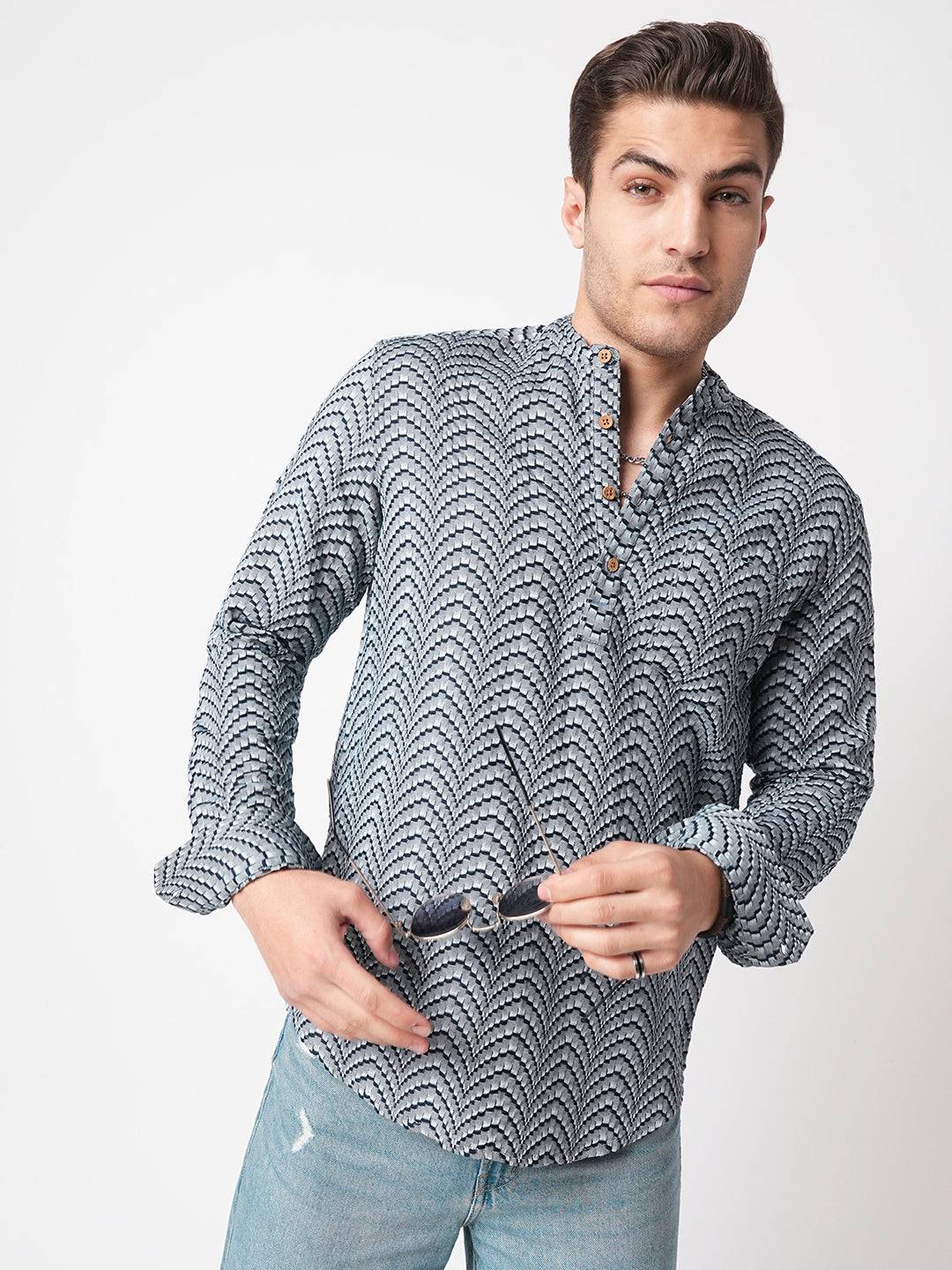 Grey & Navy Jacquard Weaved Kurta Buy only at ₹659