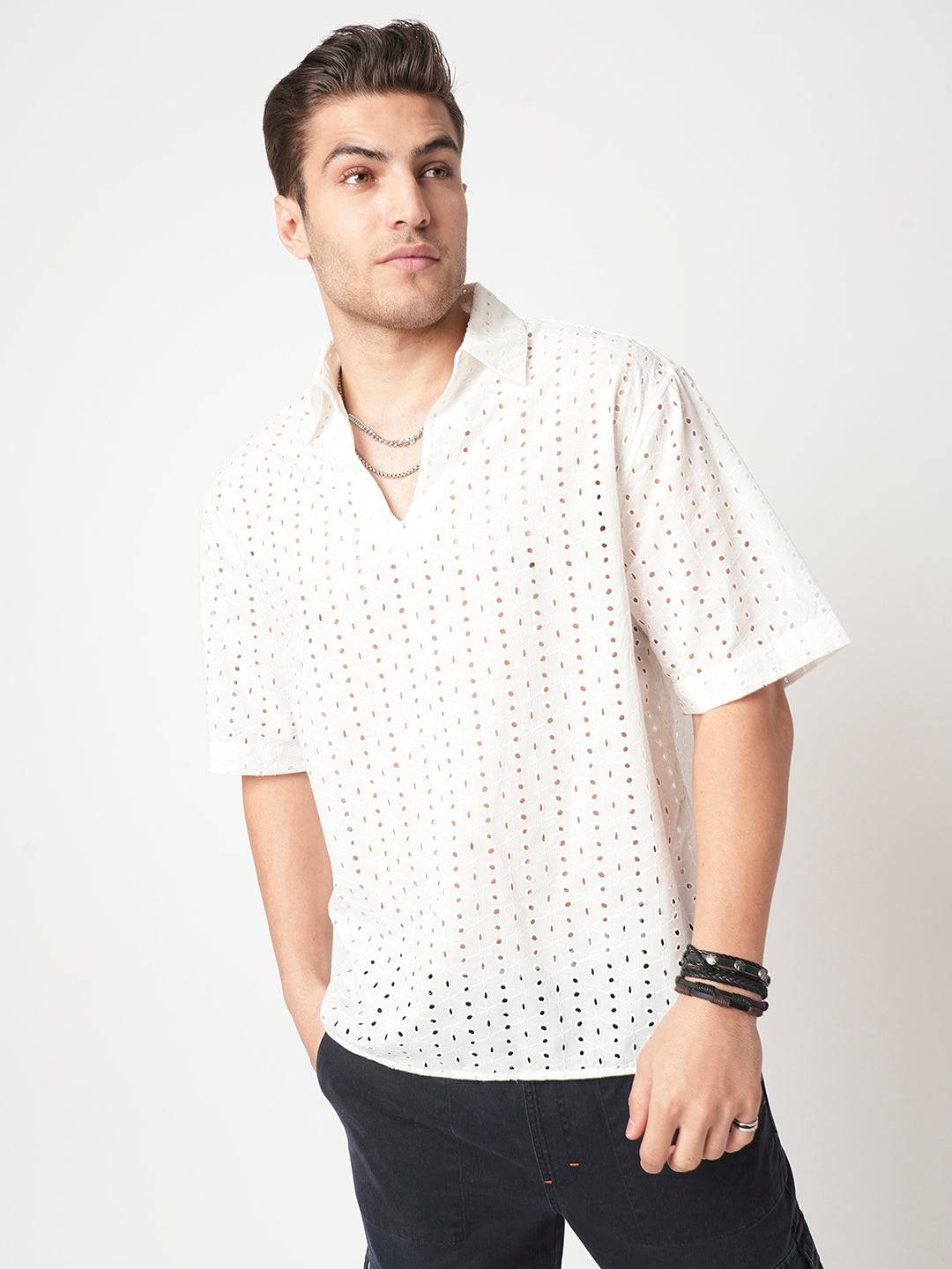 Modish White Schiffli Oversized Polo Shirt Buy only at ₹524