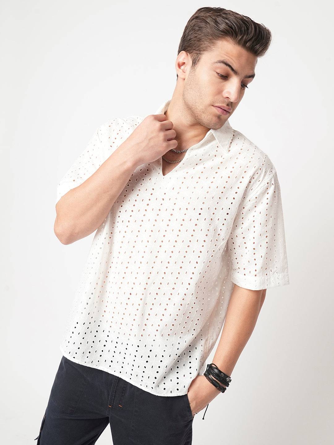 Modish White Schiffli Oversized Polo Shirt Buy only at ₹524