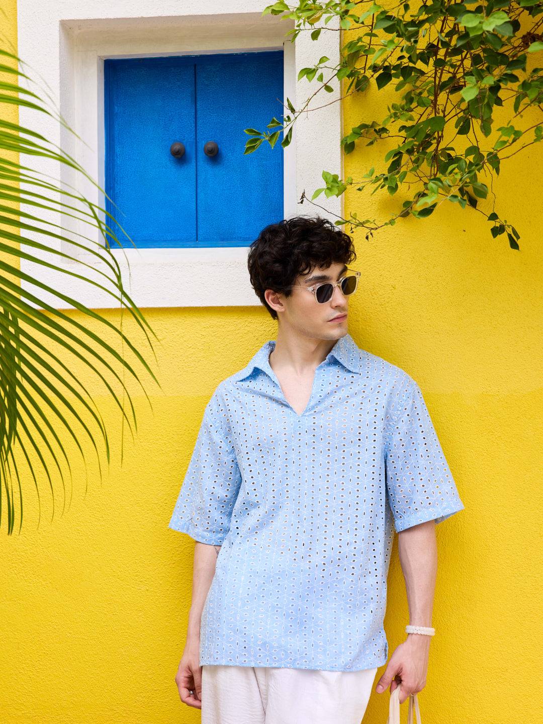 Modish Maya Blue Schiffli Oversized Polo Shirt Buy only at ₹524